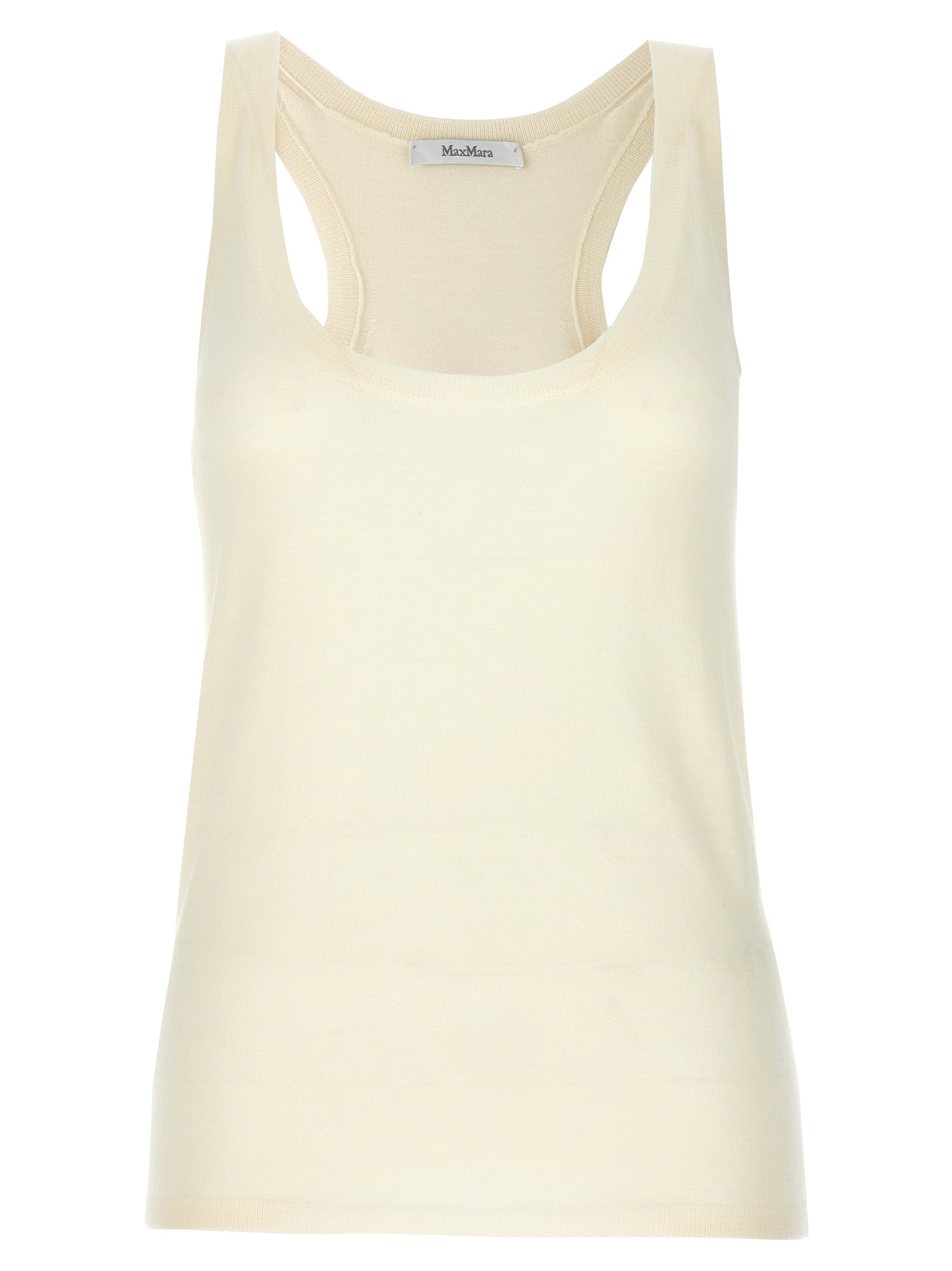 Elevate your wardrobe with the Max Mara White Cashmere Tank Top, a luxurious blend of 100% cashmere that embodies timeless elegance and effortless sophistication.