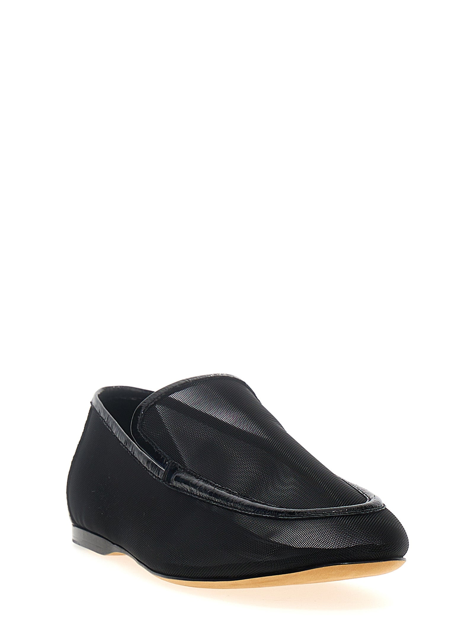 Indulge in the artistry of Khaite's Black Polyamide Slip-On Loafers, where luxurious patent leather meets breathable mesh, embodying timeless elegance and sophistication.