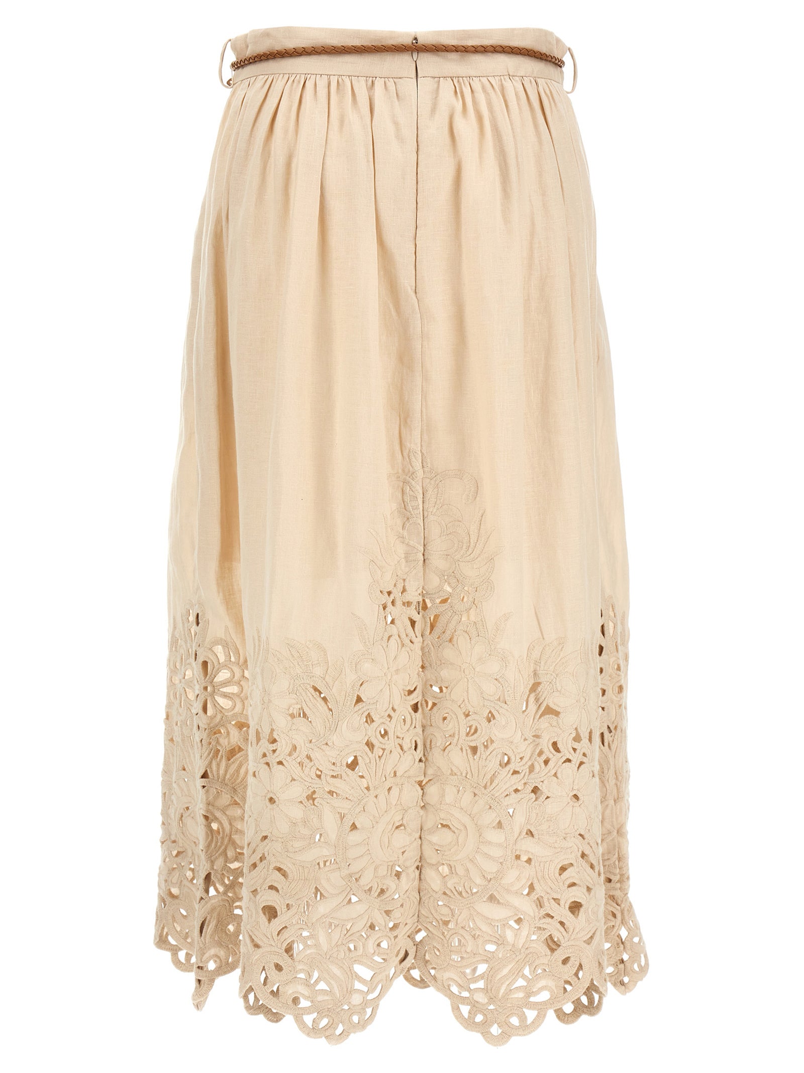 Discover the Zimmermann Beige Linen Midi Skirt from the Wylie collection, where exquisite embroidery meets tailored elegance, embodying luxury and sophistication.