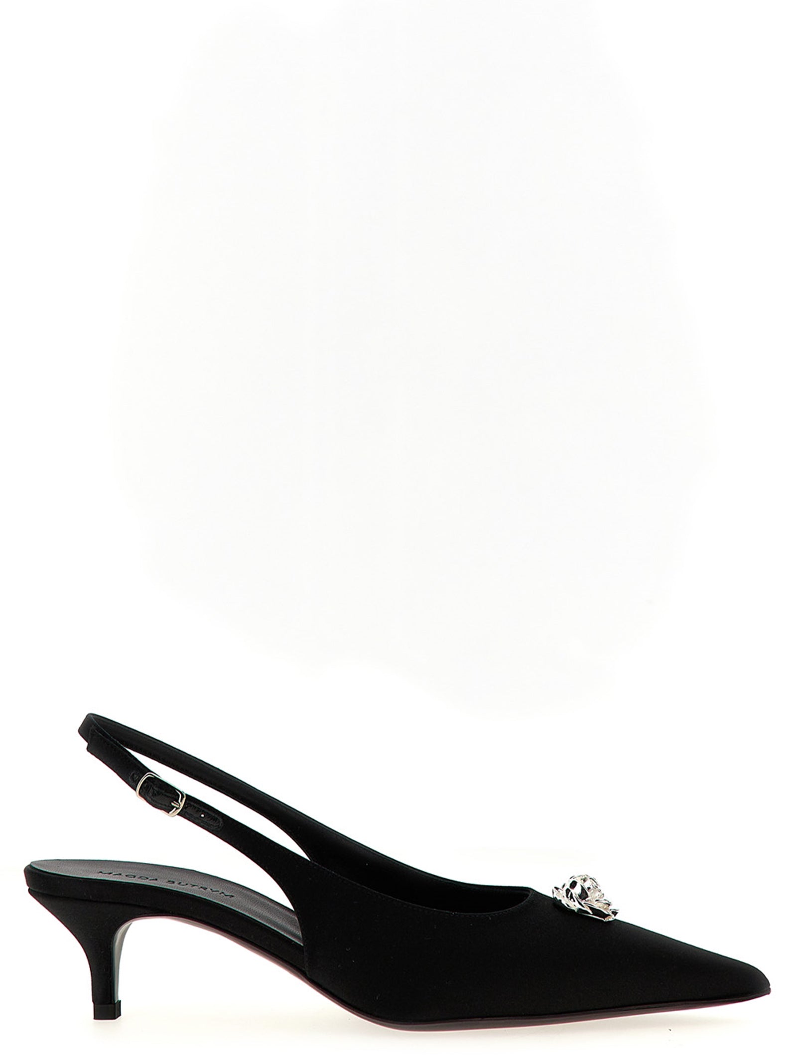 Step into a world of luxury with Magda Butrym's Black Silk Mid Heel Pumps, where exquisite silk satin meets bold elegance for the discerning connoisseur.