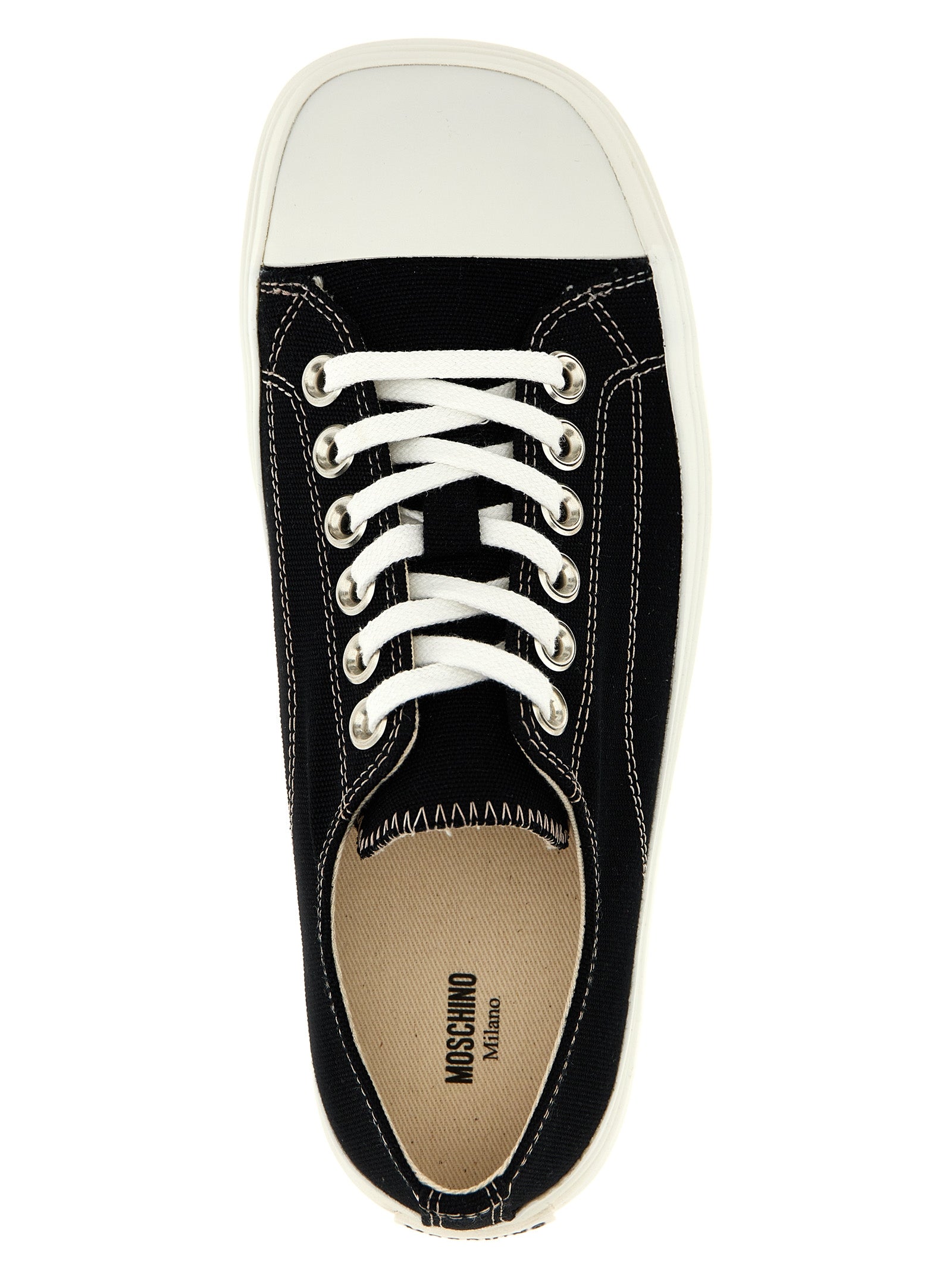 Elevate your style with Moschino's Black Cotton Low Top Sneakers, where luxurious craftsmanship meets bold design, perfect for the discerning trendsetter.