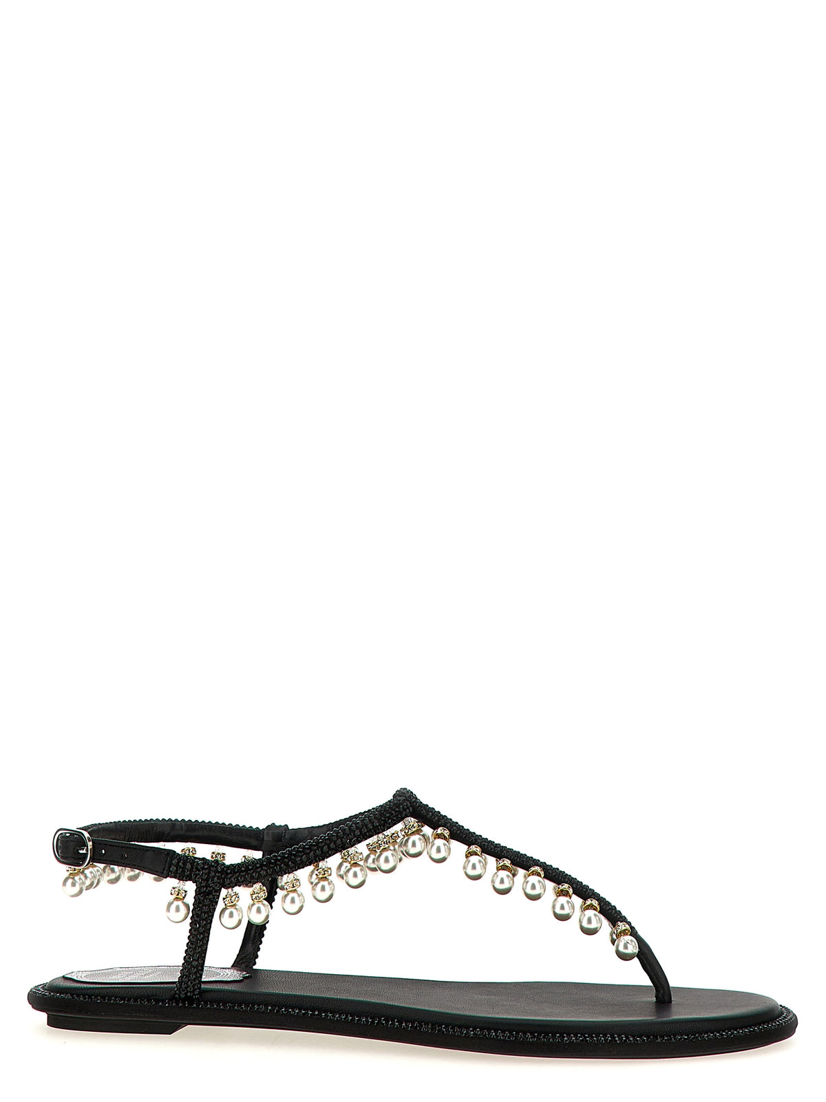 Elevate your style with RENÉ CAOVILLA Black Viscose Flat Sandals, crafted in Italy from luxurious viscose and silk, adorned with exquisite embellishments for timeless elegance.
