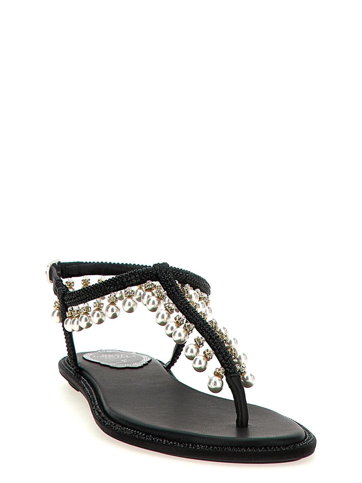 Elevate your elegance with RENÉ CAOVILLA Black Viscose Flat Sandals, where exquisite craftsmanship meets luxurious materials, perfect for the discerning individual.