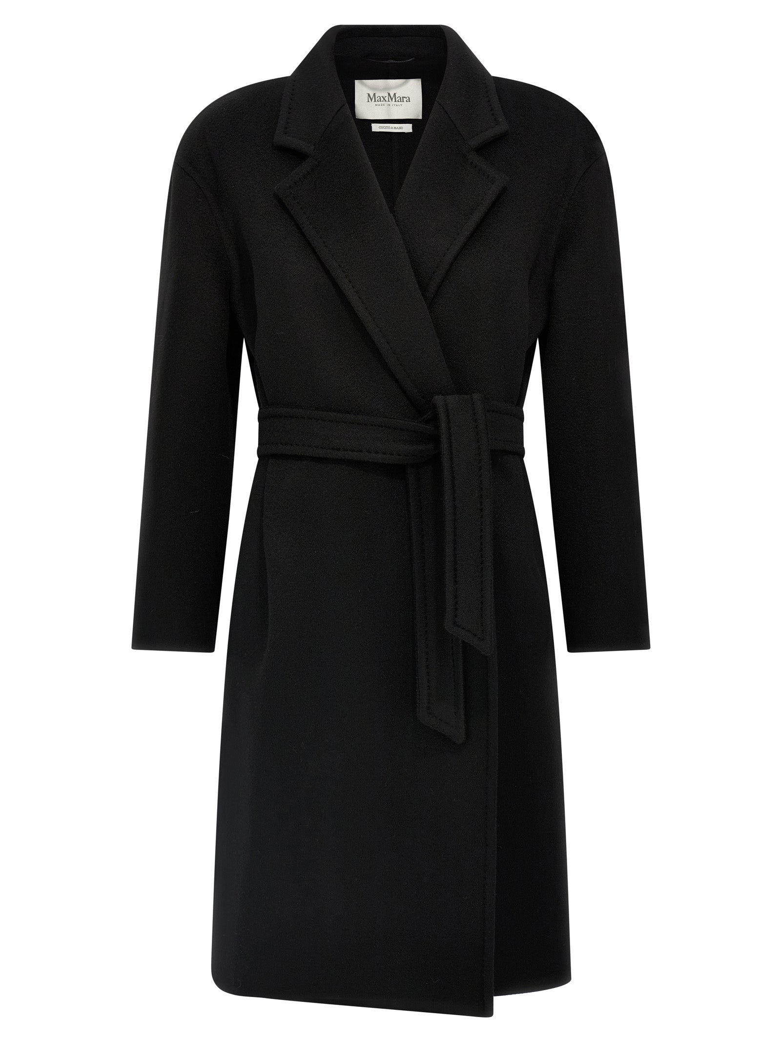 Experience the exquisite allure of the Max Mara Black Cashmere Coat, a timeless masterpiece in luxurious double cashmere, perfect for elevating any sophisticated occasion.