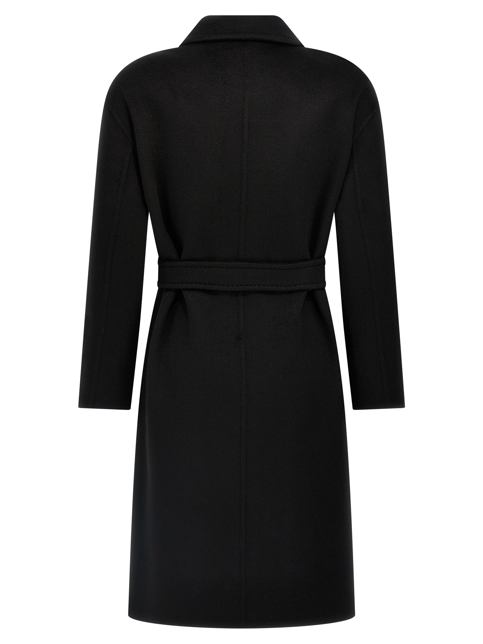 Experience the allure of the Max Mara Black Cashmere Coat, a timeless masterpiece in luxurious double cashmere, designed for those who embody elegance and sophistication.