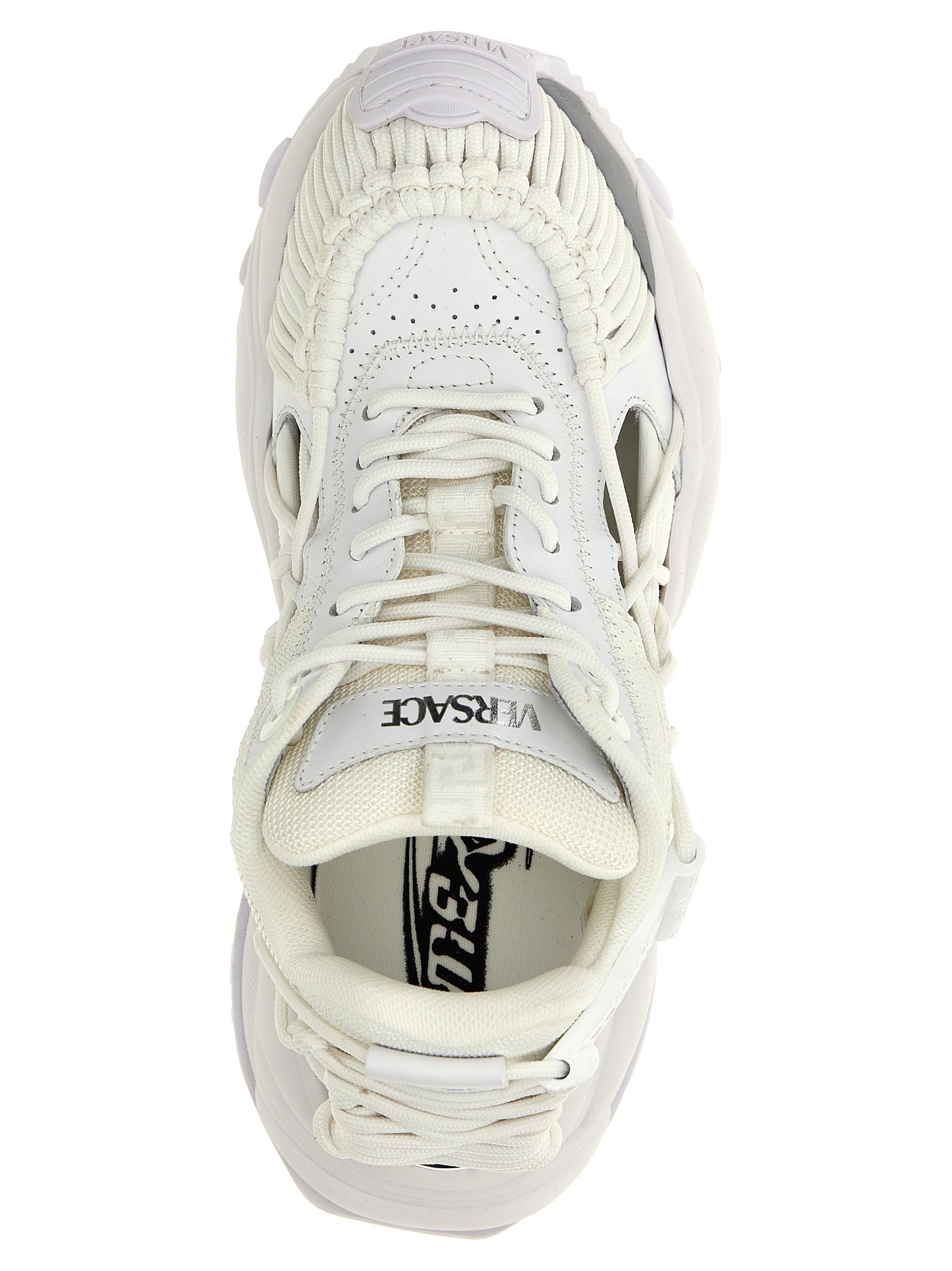 Step into unparalleled luxury with Versace's White Calfskin Athletic Sneakers, where exquisite craftsmanship meets bold design for the discerning trendsetter.