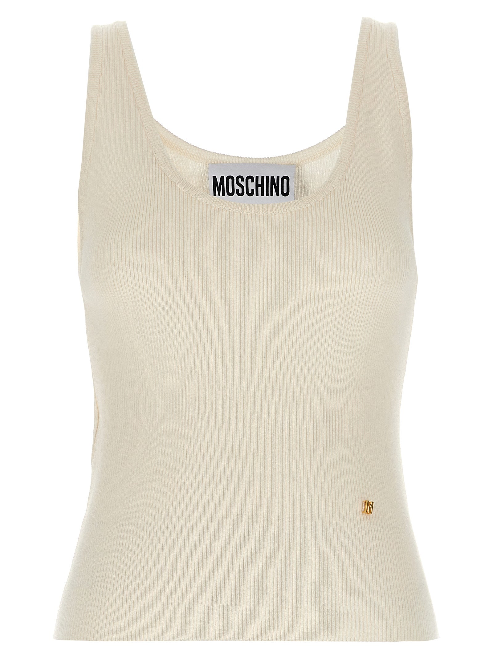 Indulge in the Moschino White Virgin Wool Sleeveless T-Shirt, a luxurious blend of virgin wool and silk, embodying timeless elegance and exquisite craftsmanship for the discerning individual.