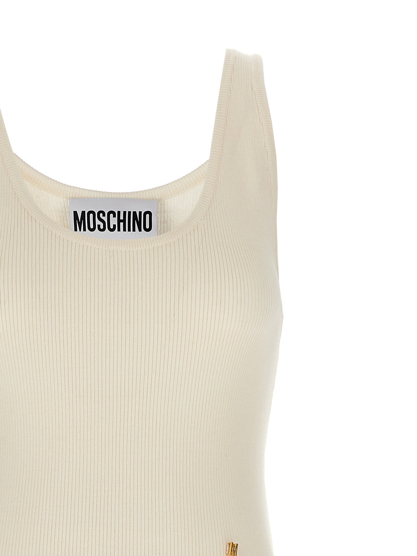 Experience the allure of Moschino's White Virgin Wool Sleeveless T-Shirt, where exquisite craftsmanship meets luxurious comfort, perfect for the discerning individual.