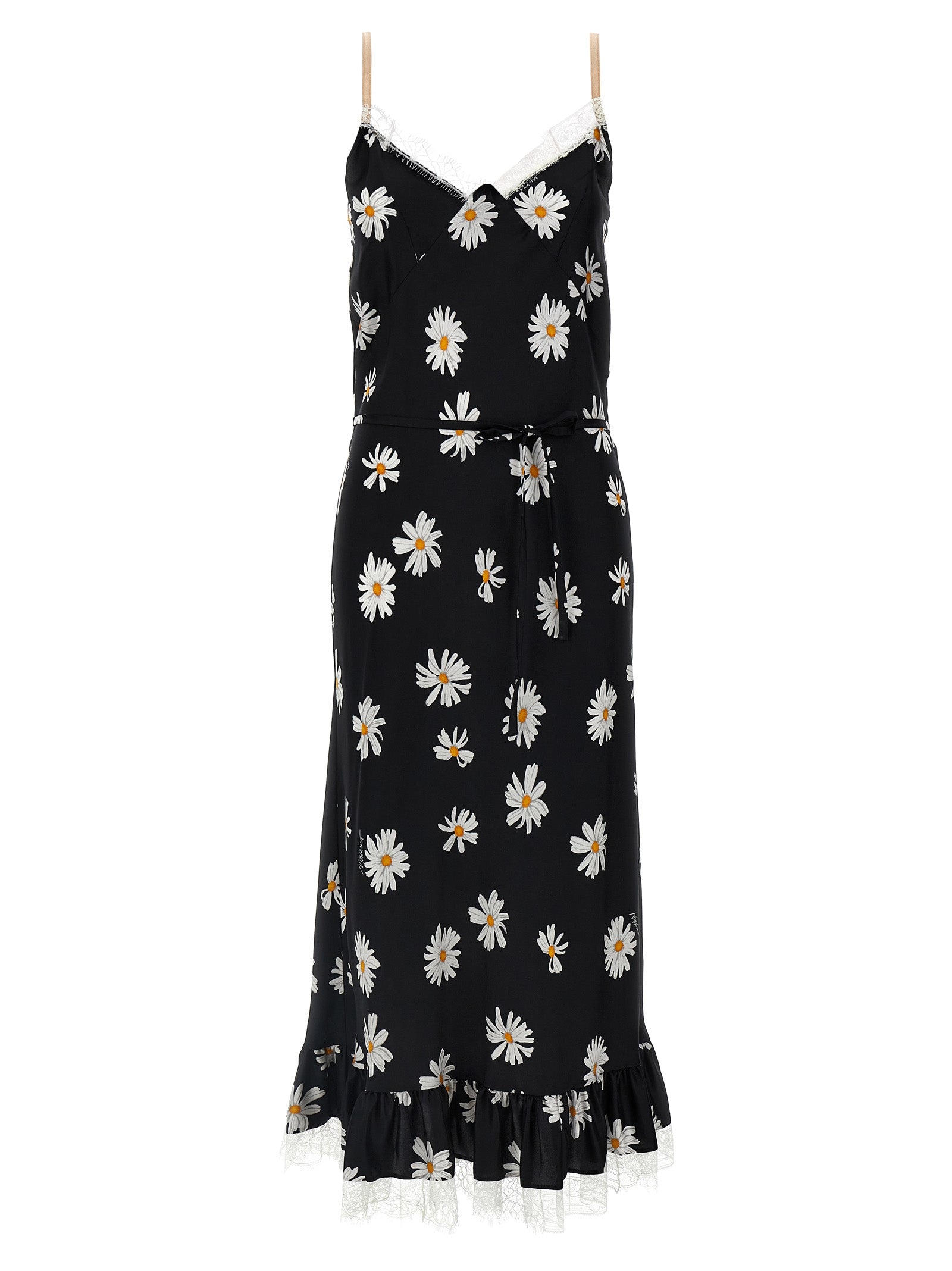 Discover the Moschino Black Silk Midi Dress, a masterpiece of artisanal luxury, featuring exquisite silk and a captivating ‘Margherite’ print for timeless elegance.