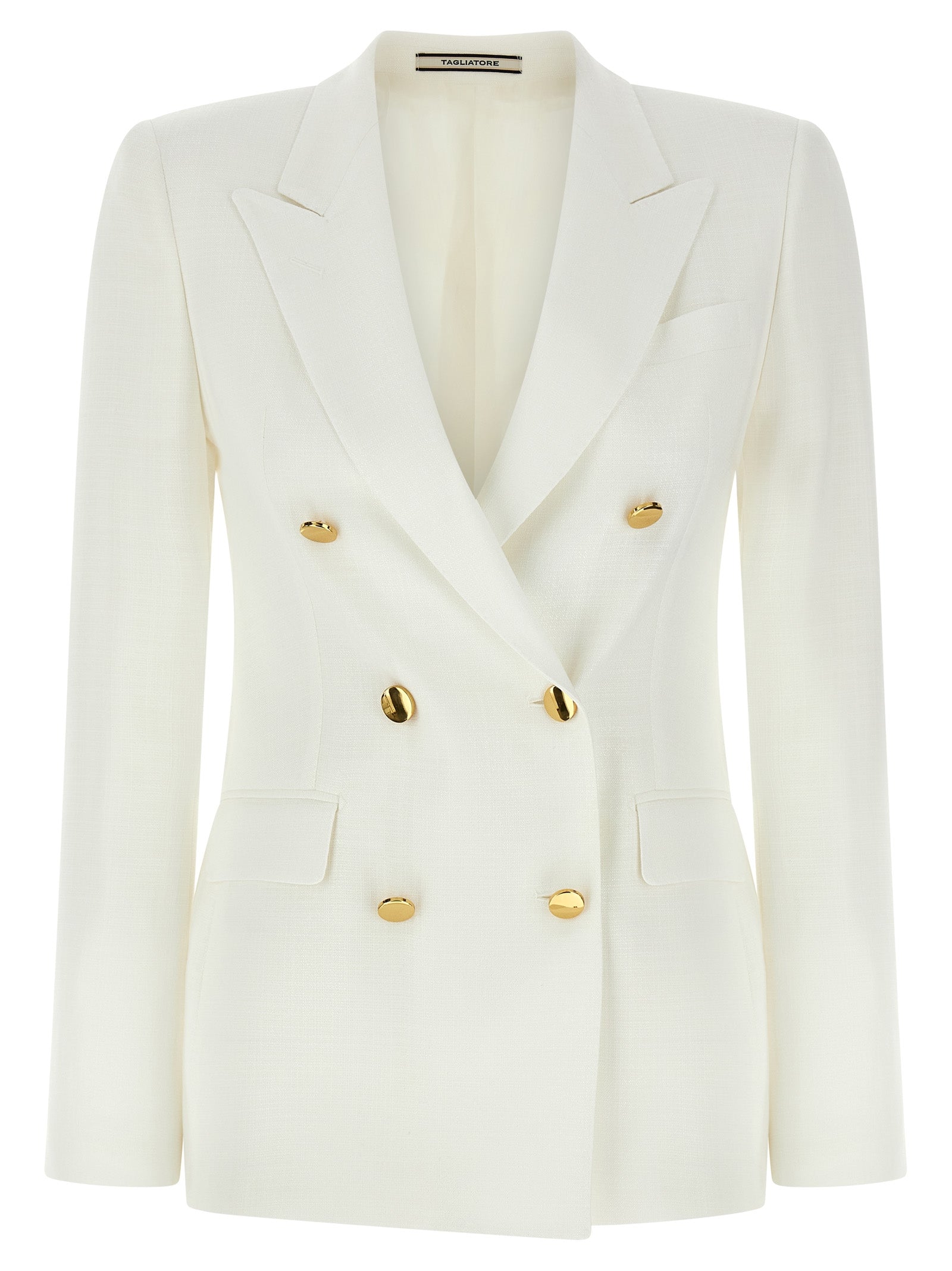 Discover the Tagliatore White Viscose Blazer, a masterpiece of artisanal luxury tailoring, crafted from a sumptuous blend for the discerning individual.
