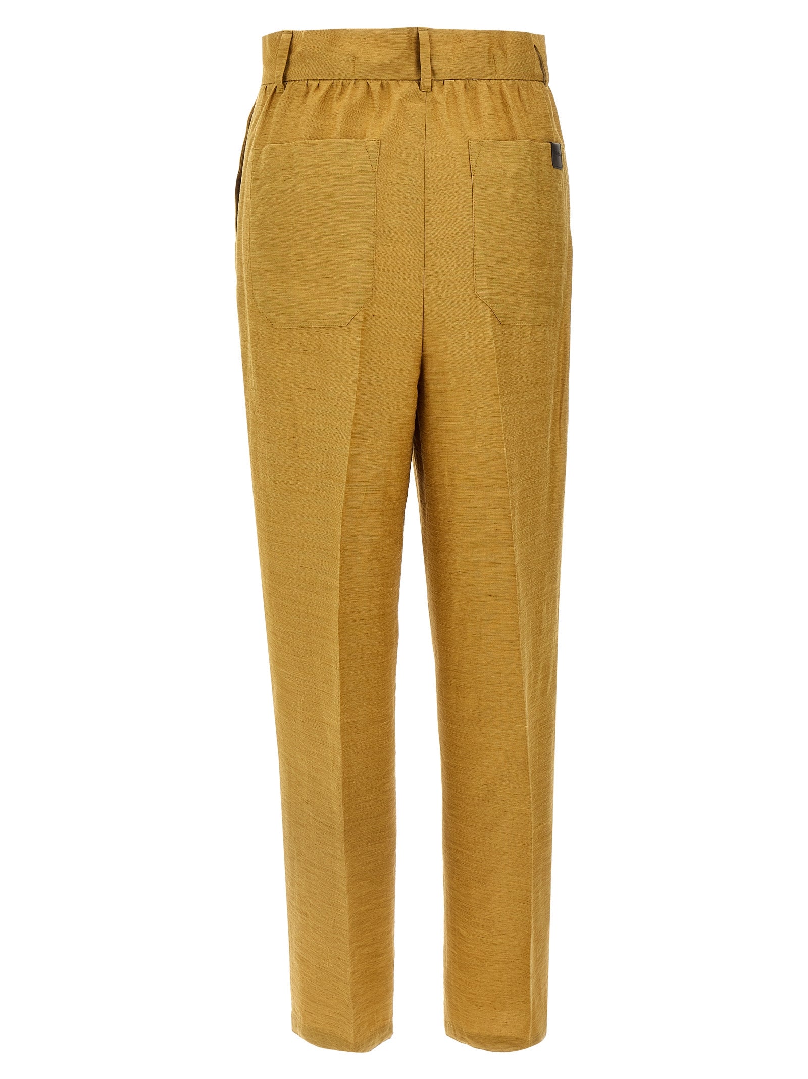 Elevate your elegance with Max Mara's Gold Fluorofiber Dress Pants, a luxurious silk blend masterpiece that embodies sophistication and timeless allure.