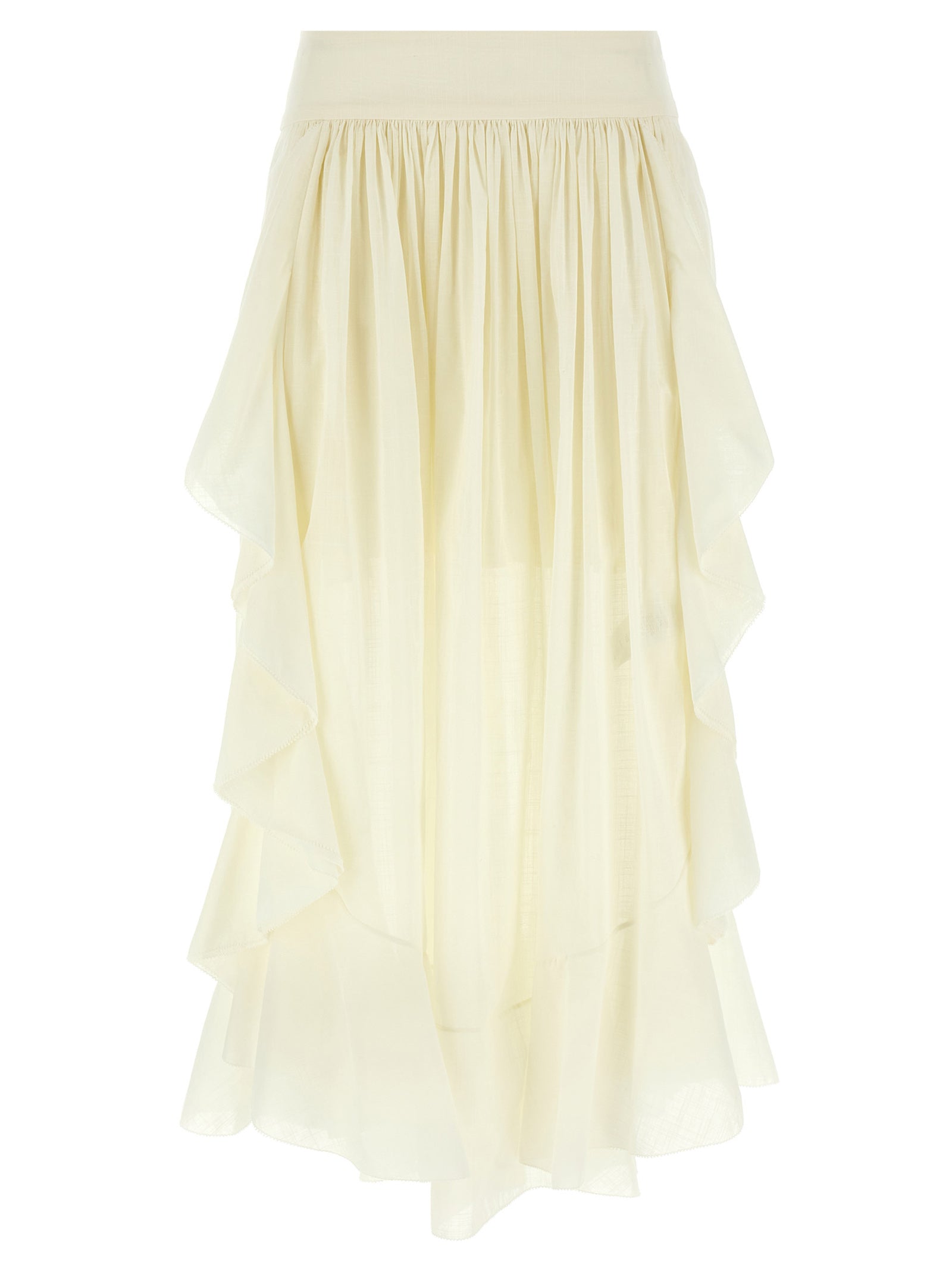 Indulge in the Zimmermann Acacia Ruffle Mini Skirt, crafted from luxurious cotton, embodying elegance and sophistication for unforgettable summer soirées.