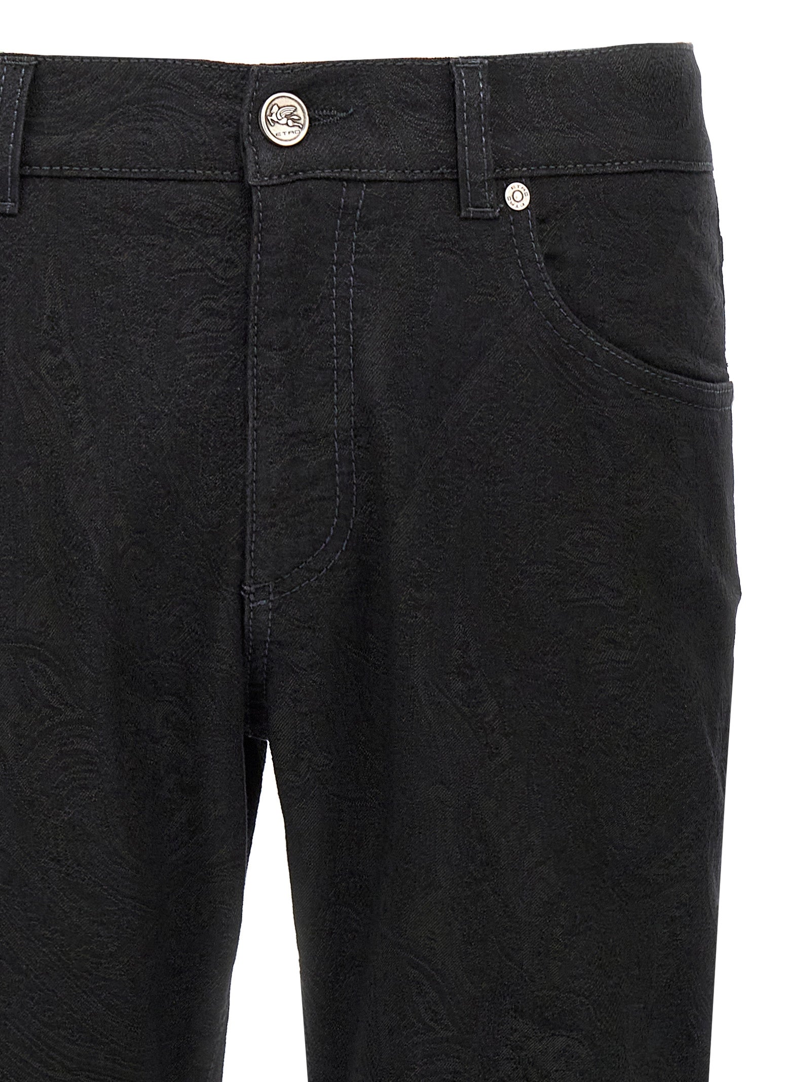 Elevate your style with Etro's luxurious black cotton jeans, featuring exquisite jacquard detailing and a timeless silhouette, perfect for the discerning fashion connoisseur.
