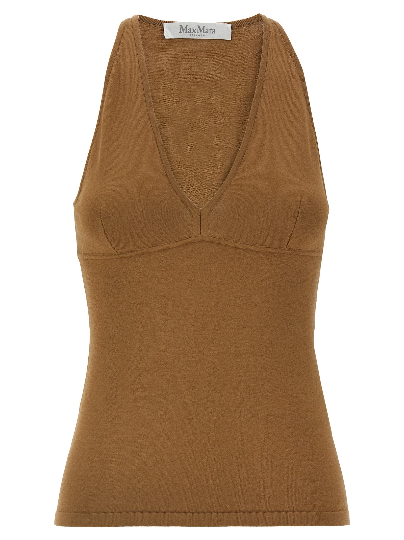 Indulge in the Max Mara Brown Viscose Sleeveless T-Shirt, where exquisite craftsmanship meets luxurious comfort, perfect for elevating any sophisticated wardrobe.