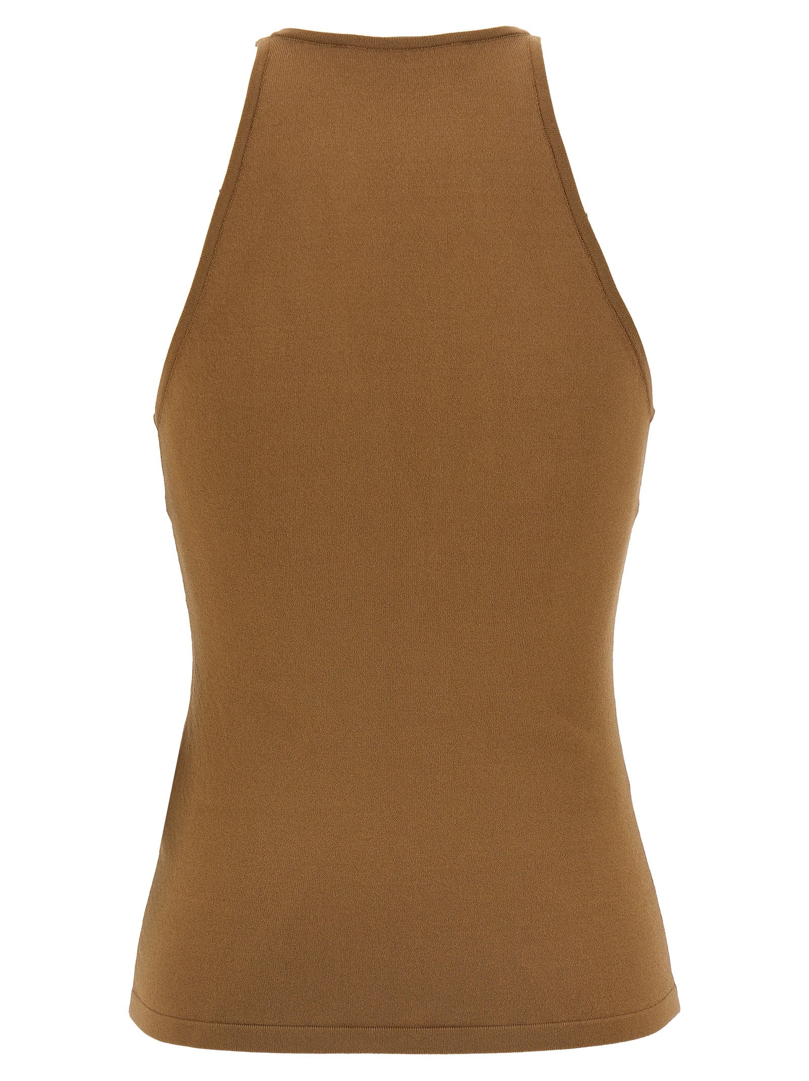 Experience the allure of the Max Mara Brown Viscose Sleeveless T-Shirt, crafted from luxurious stretch viscose crêpe for timeless elegance and sophisticated style.