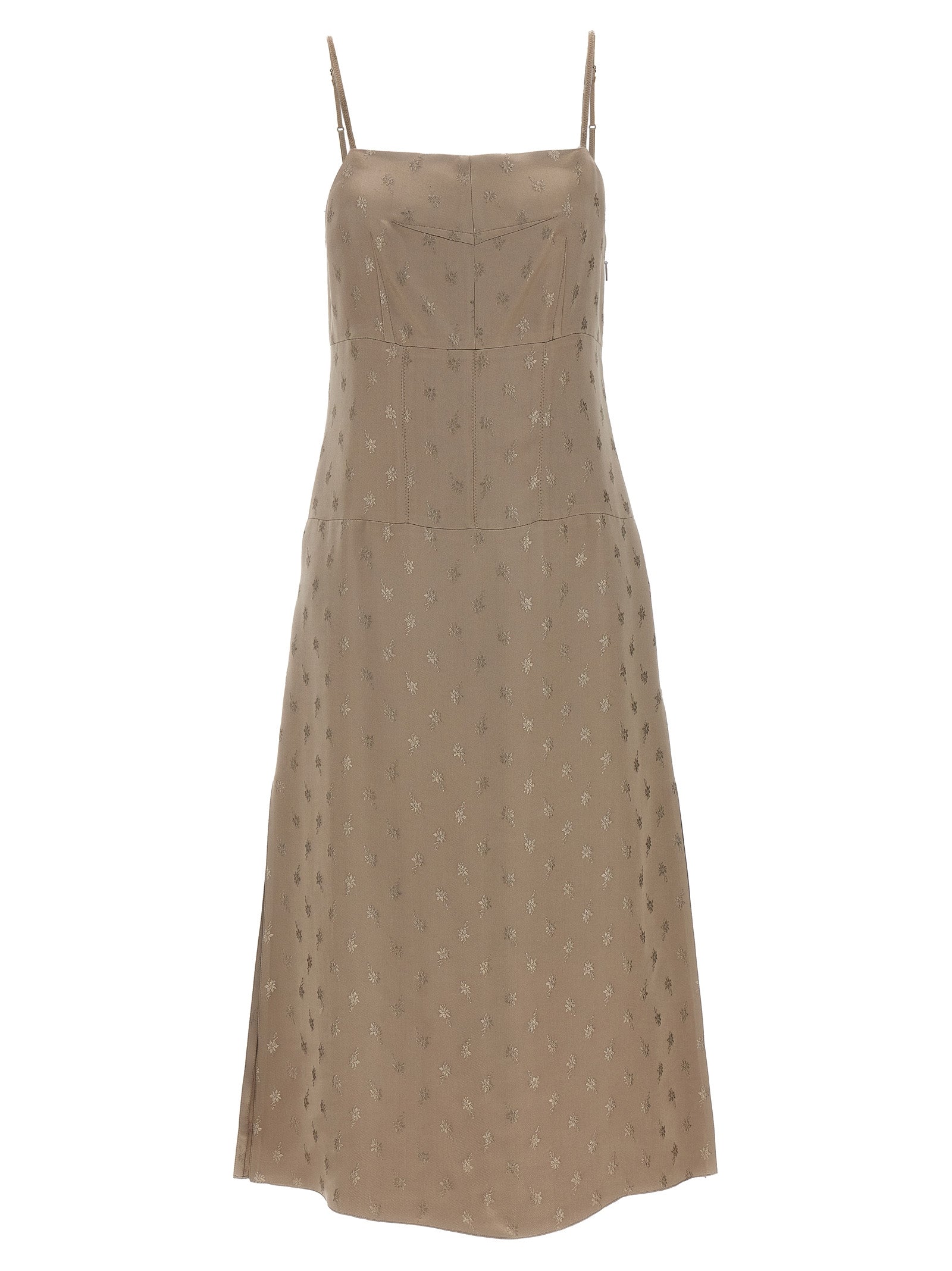 Elevate your elegance with the Fendi Gray Silk Midi Dress, a luxurious blend of silk and viscose, featuring a captivating floral jacquard pattern that embodies sophistication.
