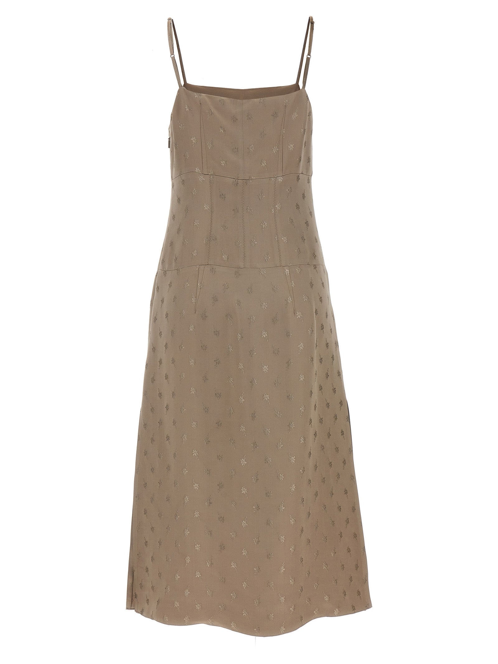 Indulge in the Fendi Gray Silk Midi Dress, a masterpiece of floral jacquard elegance, crafted in Italy for those who embrace luxury and sophistication.