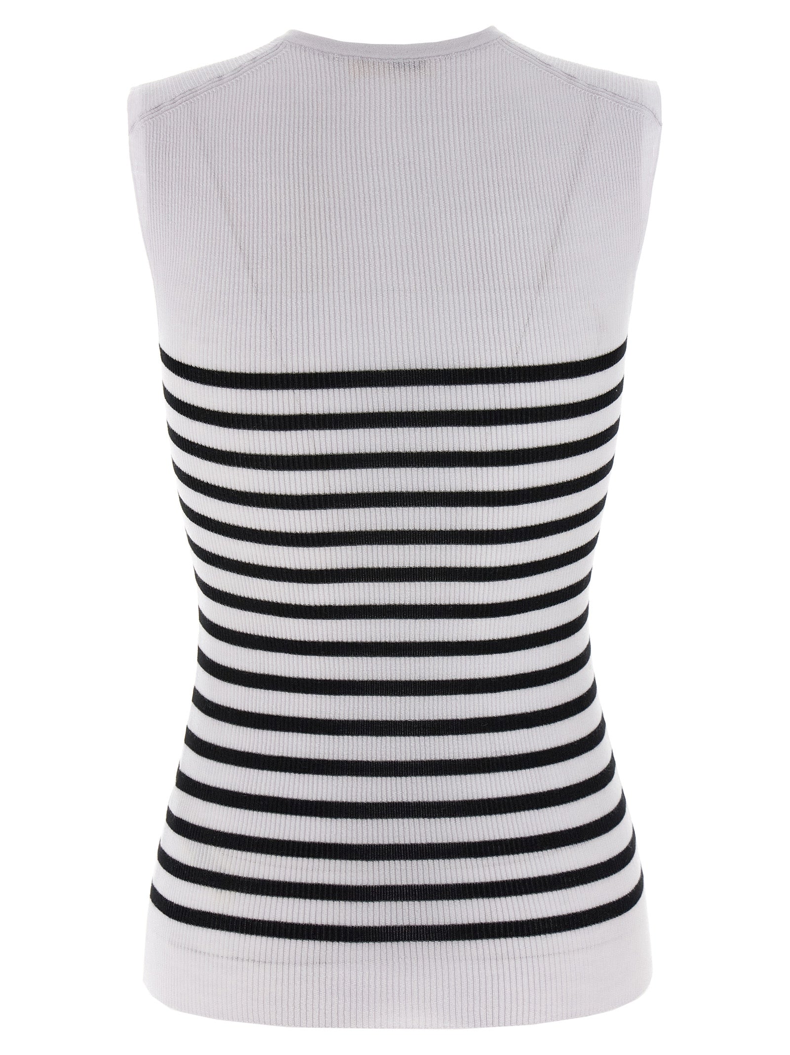 Experience the allure of Khaite's Bicolor Wool Sleeveless T-Shirt, crafted from luxurious Merino wool, embodying timeless elegance for the discerning fashion connoisseur.