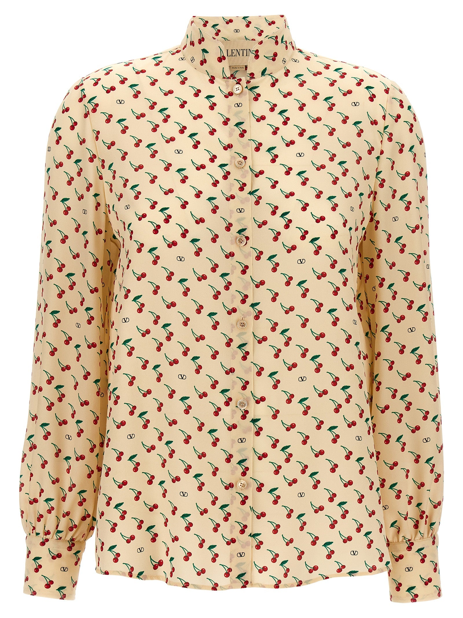 Discover the Valentino Garavani Beige Silk Blouse, a luxurious blend of 100% silk and bold 'Cherryfic' print, embodying timeless elegance and Italian craftsmanship.