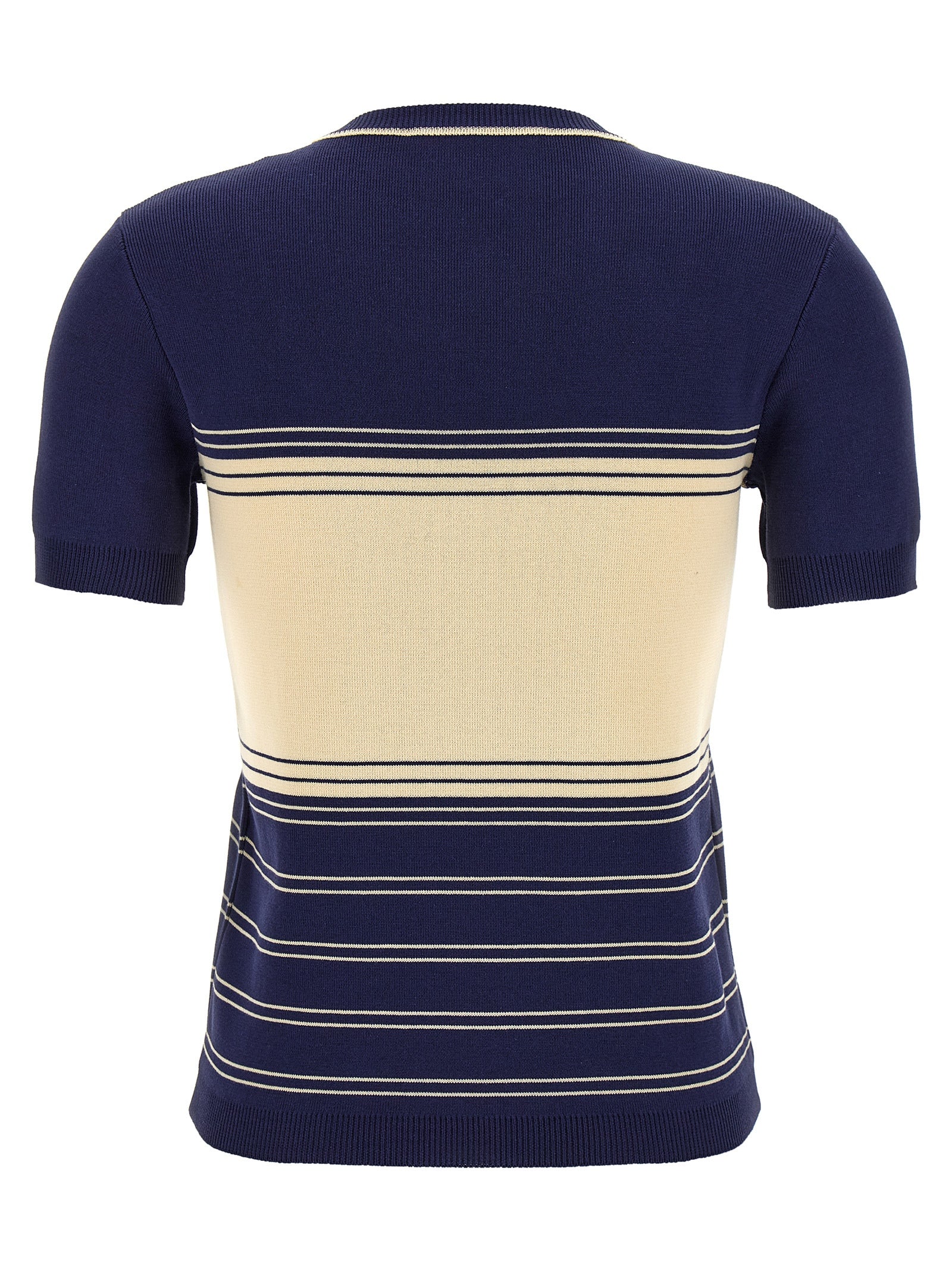Discover the Valentino Garavani Blue Cotton T-Shirt, a masterpiece of Italian craftsmanship featuring exquisite jacquard stripes and 'Chez Valentino' embroidery, perfect for effortless elegance.