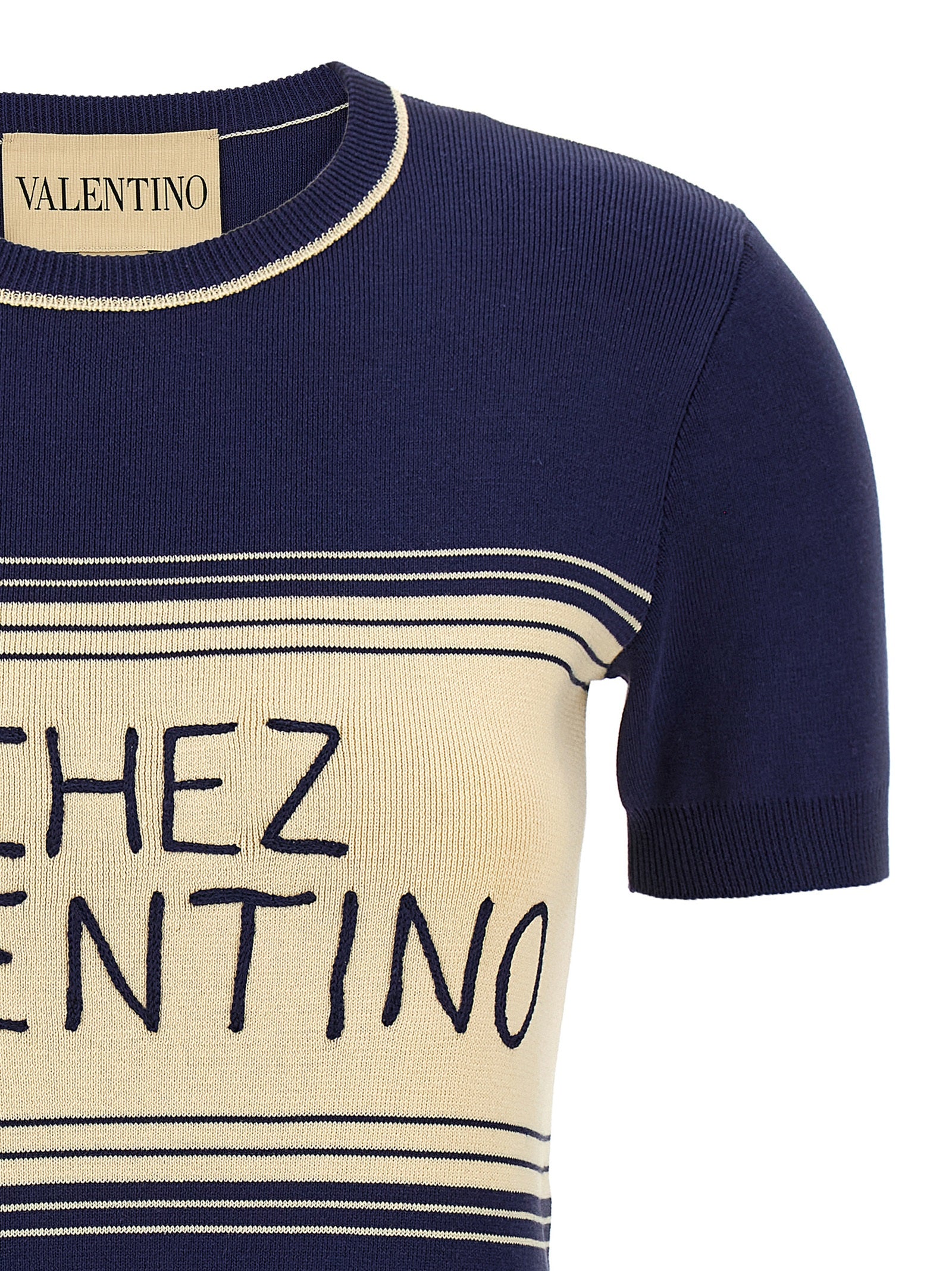 Elevate your wardrobe with the Valentino Garavani Blue Cotton T-Shirt, a masterpiece of Italian craftsmanship featuring jacquard stripes and 'Chez Valentino' embroidery.