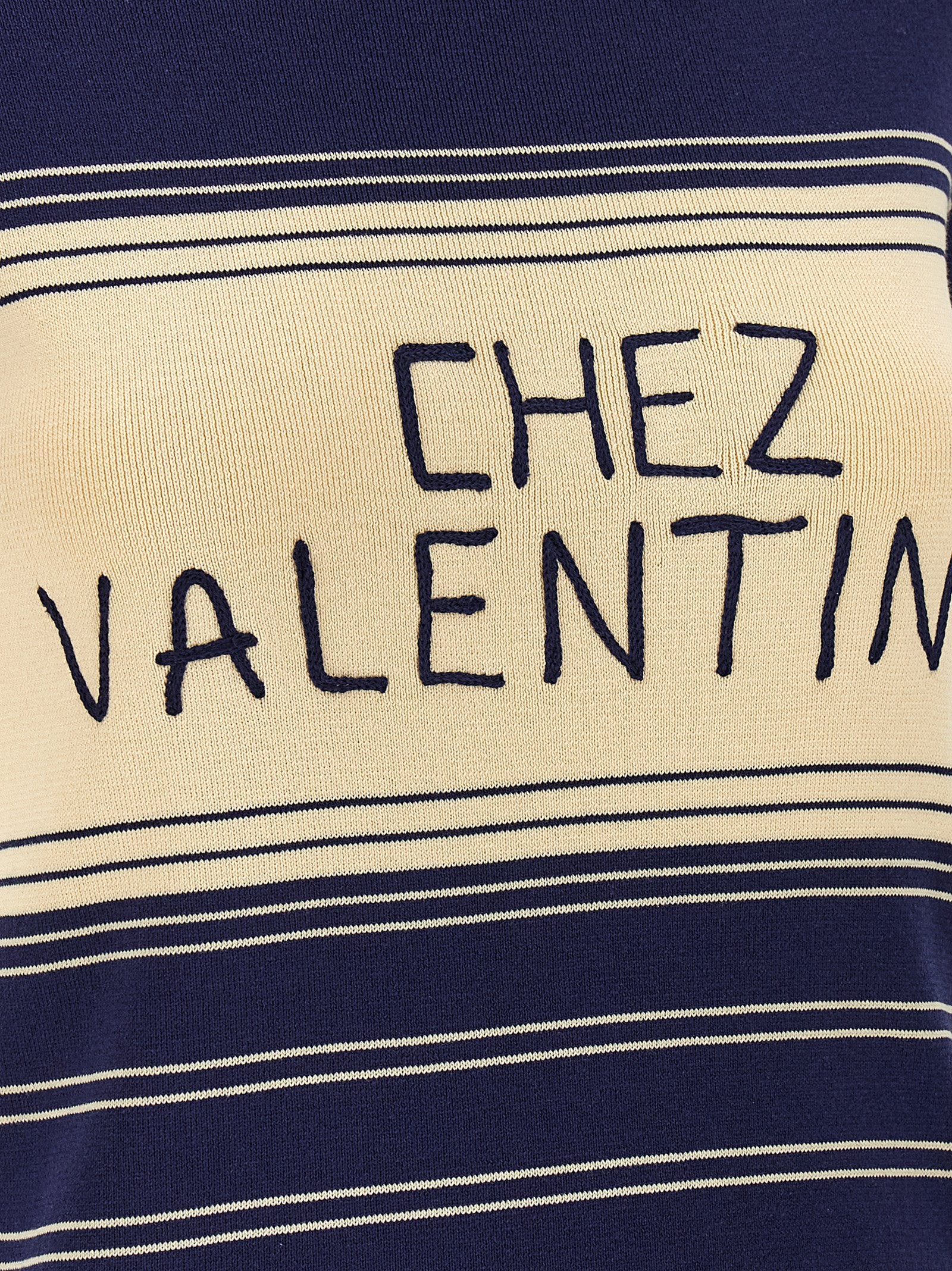 Elevate your wardrobe with the Valentino Garavani Blue Cotton T-Shirt, a masterpiece of Italian craftsmanship featuring exquisite jacquard stripes and 'Chez Valentino' embroidery.