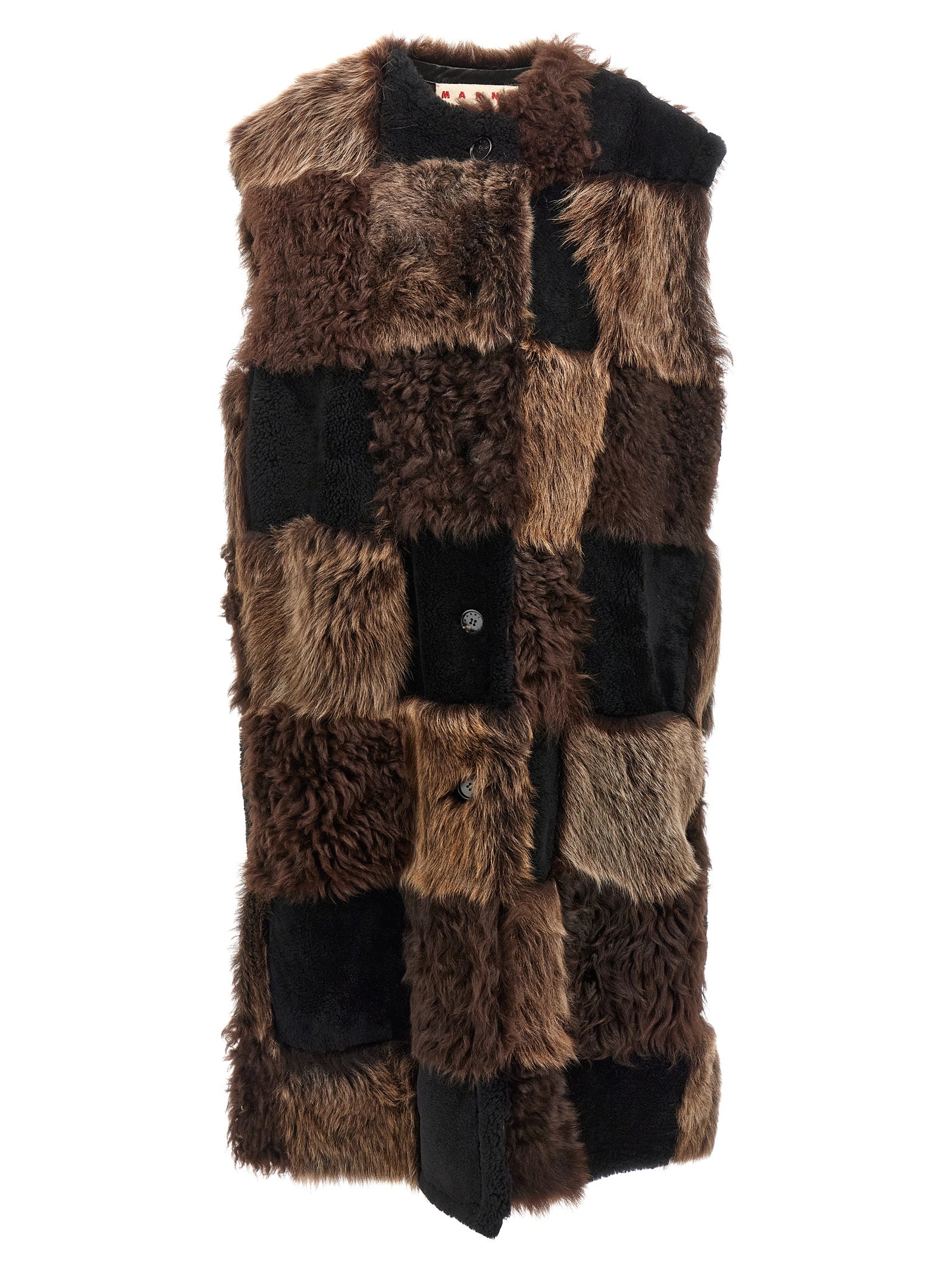 Indulge in the exquisite Marni Brown Lamb Fur Sleeveless Jacket, a masterpiece of Italian craftsmanship that elevates your style with its luxurious texture and bold design.