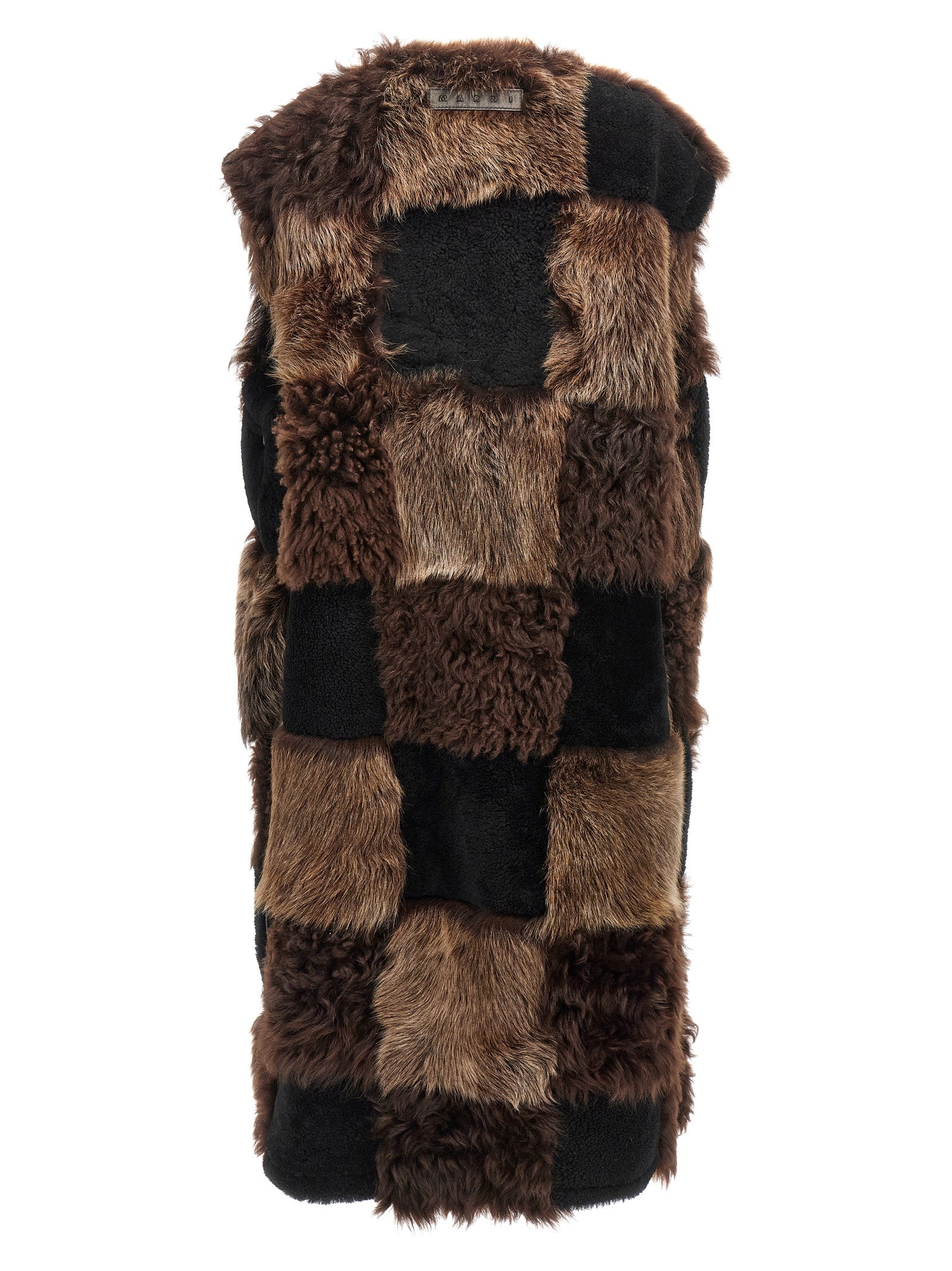 Indulge in the exquisite Marni Brown Lamb Fur Sleeveless Jacket, a masterpiece of Italian craftsmanship, blending luxurious lamb fur with a striking checkerboard design for timeless elegance.
