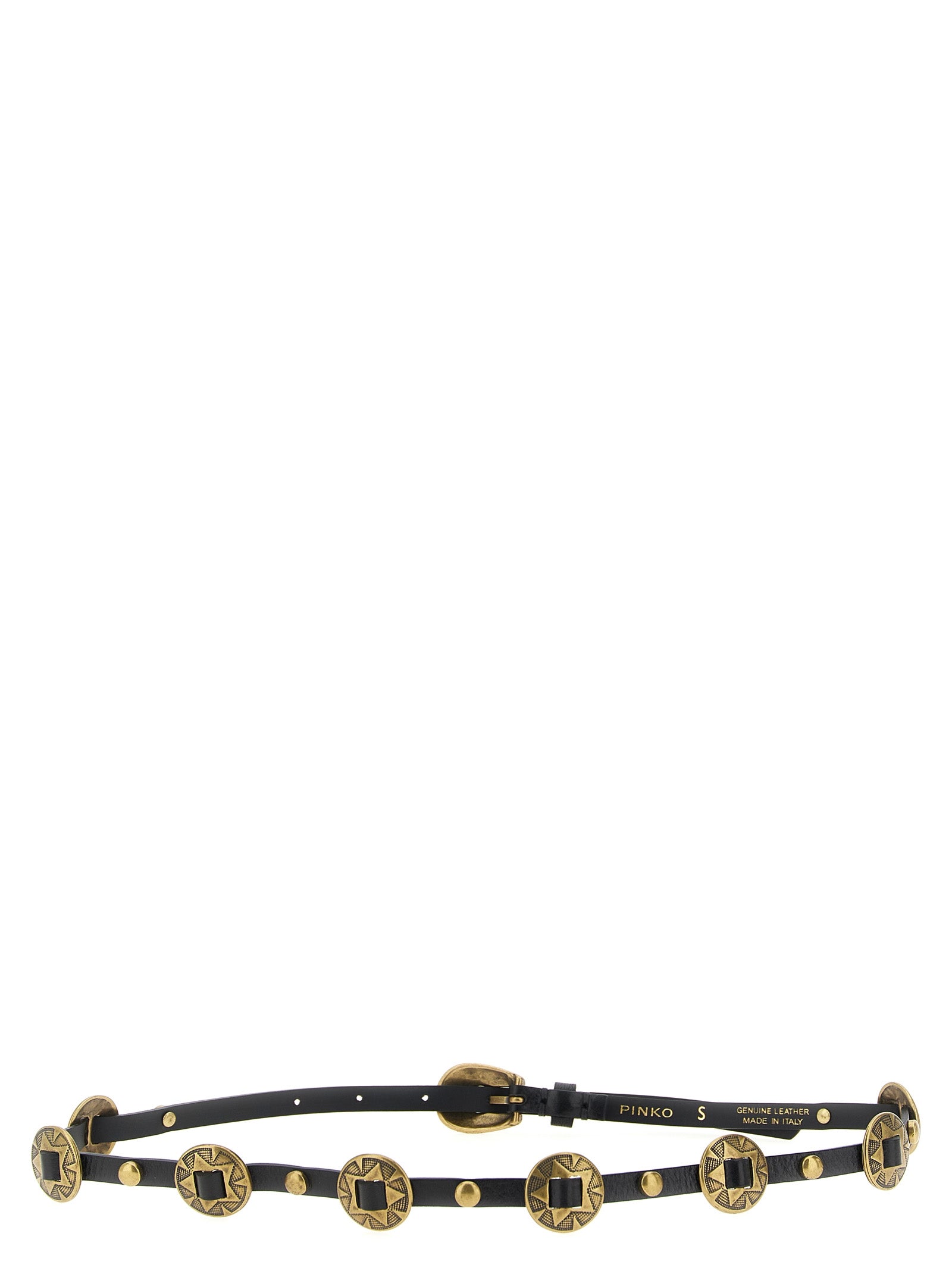 Indulge in the PINKO Black Calfskin Thin Belt, a testament to Italian craftsmanship, featuring exquisite engravings and vintage brass accents for timeless elegance.