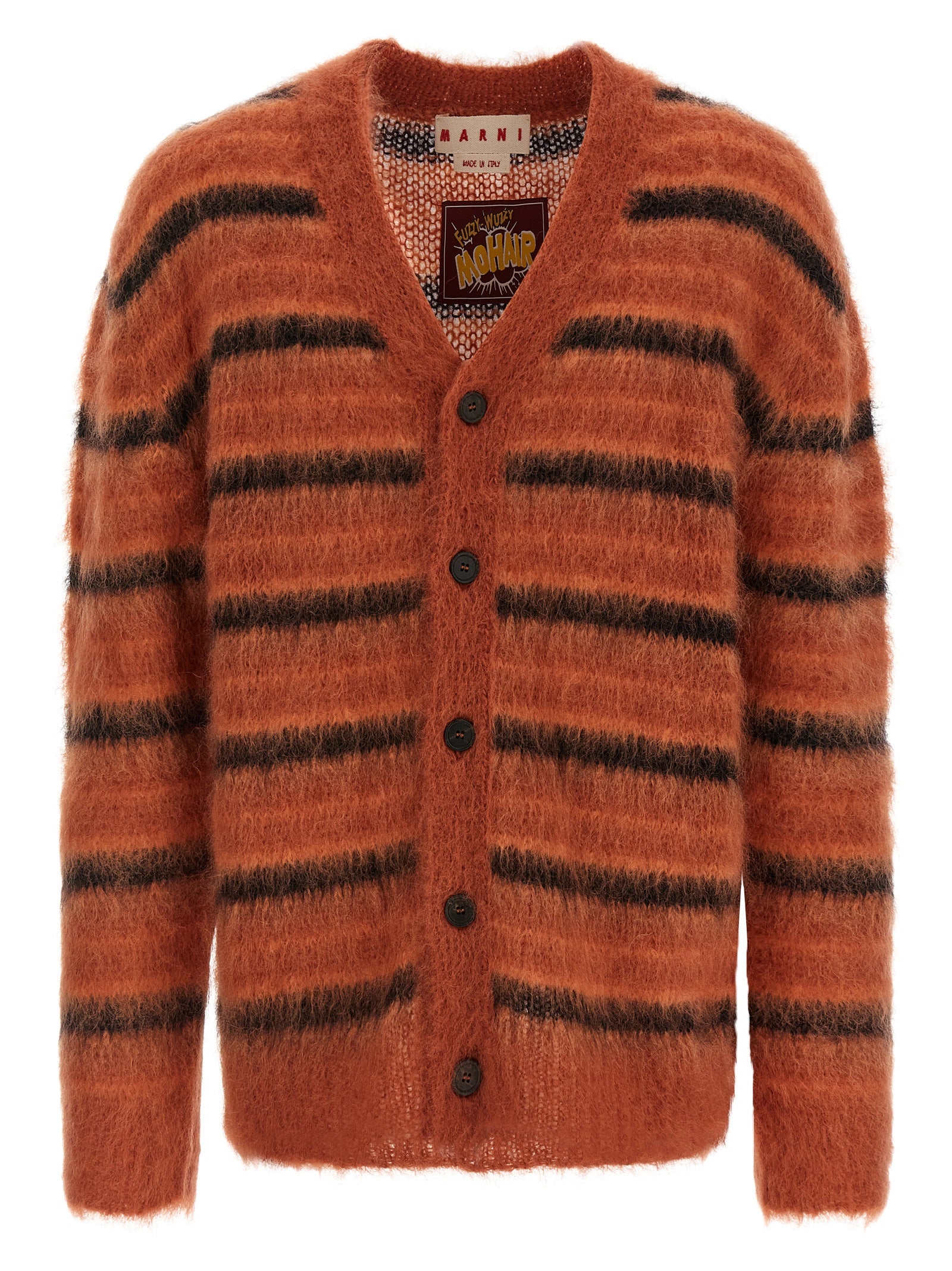 Experience the allure of Marni's Orange Fabric Cardigan, crafted from luxurious mohair blend, embodying timeless elegance and sophisticated Italian craftsmanship.