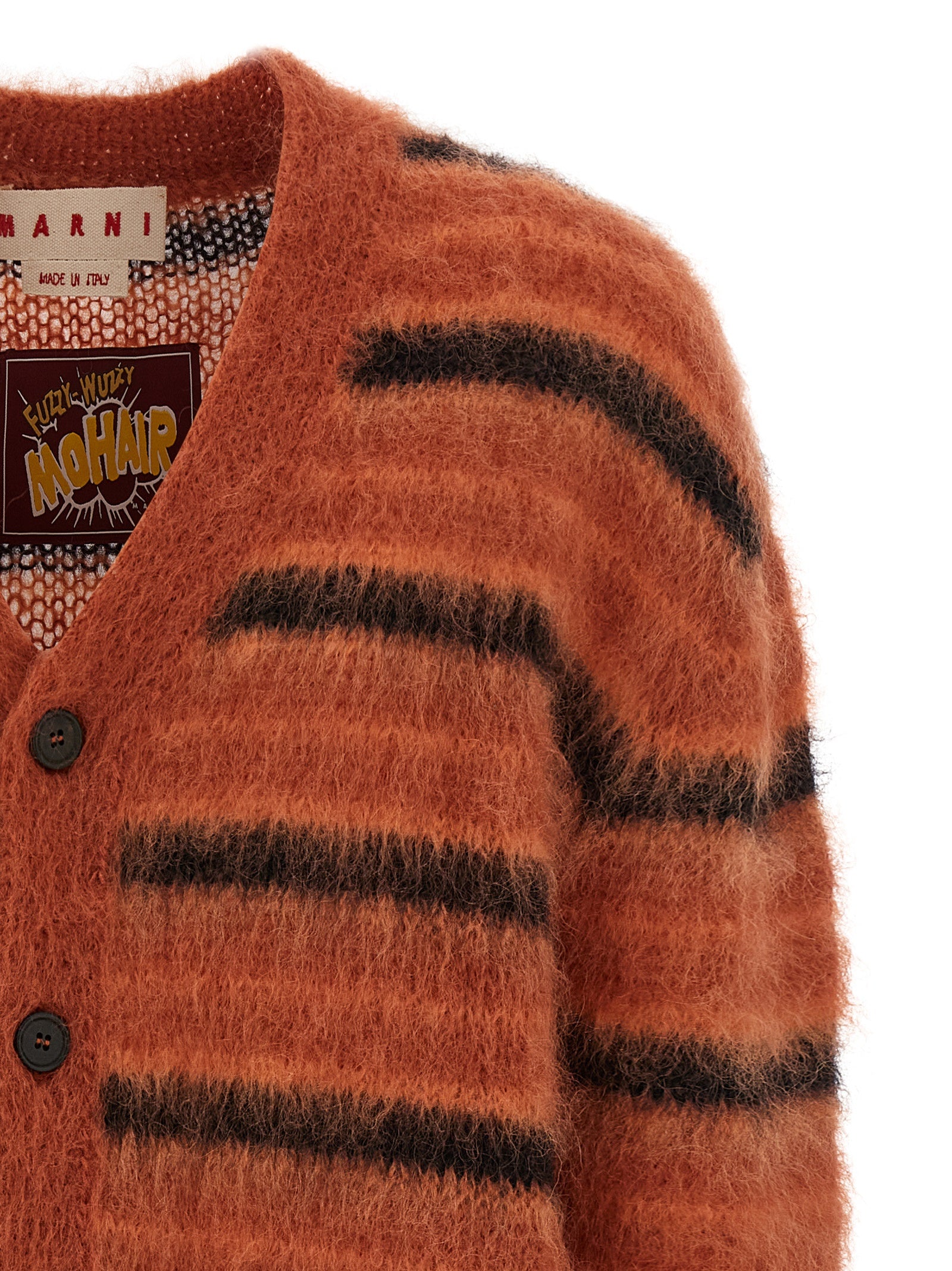 Experience the allure of Marni's Orange Fabric Cardigan, crafted from luxurious mohair and polyester, embodying timeless elegance and sophisticated Italian artistry.