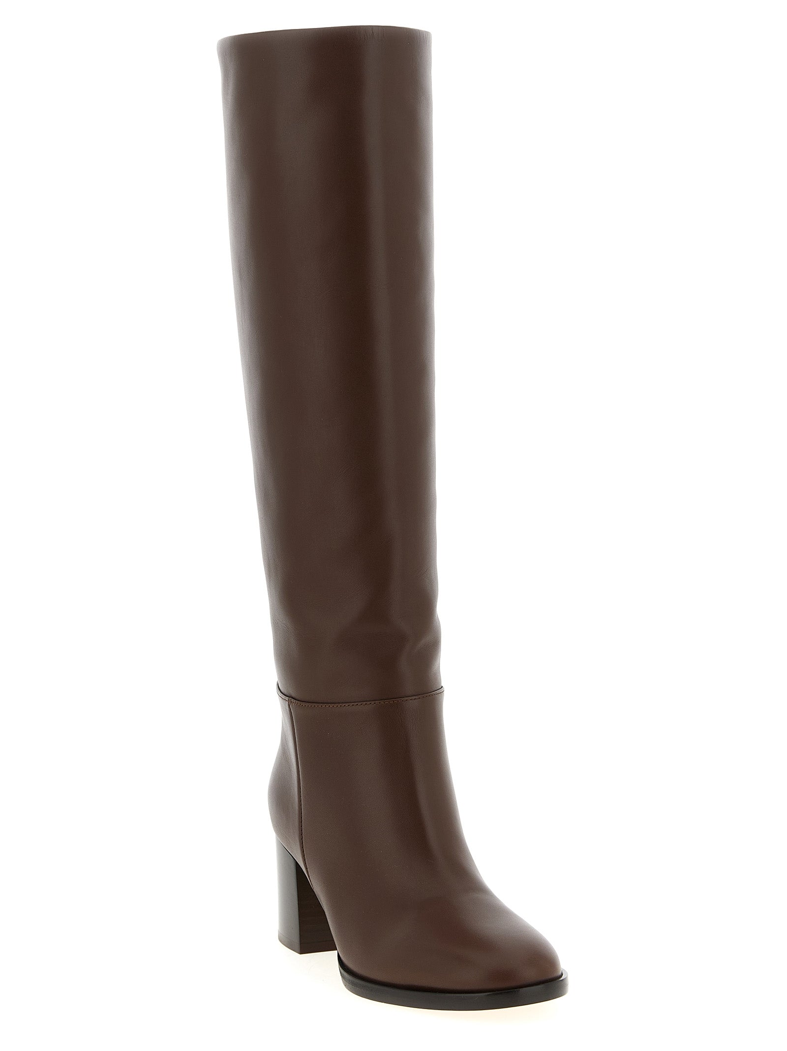 Elevate your style with Gianvito Rossi's Santiago over-the-knee boots, crafted from luxurious brown calfskin leather, embodying timeless elegance and artisanal precision.