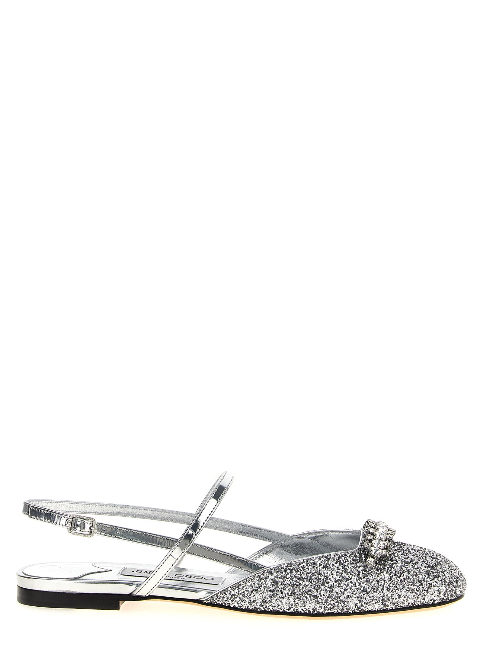 Elevate your style with Jimmy Choo Silver Tencel Ballet Flats, where exquisite craftsmanship meets luxurious materials, perfect for the discerning fashion connoisseur.