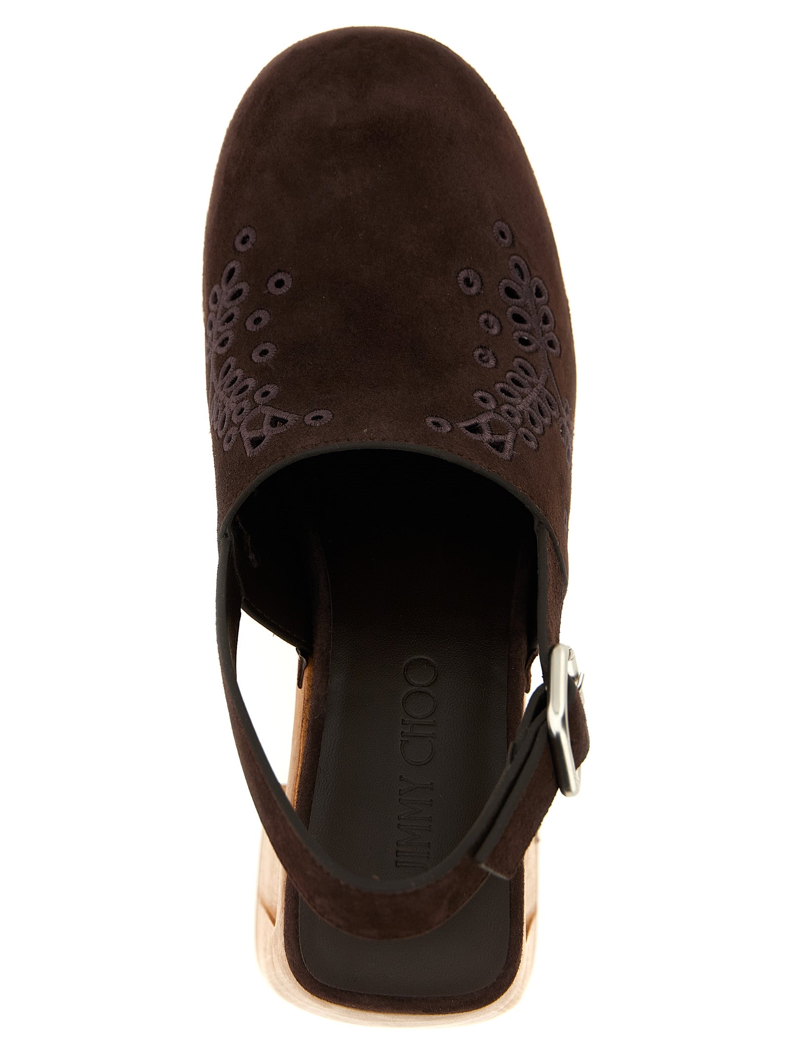 Elevate your elegance with Jimmy Choo's Brown Leather High Heel Pumps, featuring exquisite sangallo embroidery and a luxurious silhouette, perfect for the discerning connoisseur.