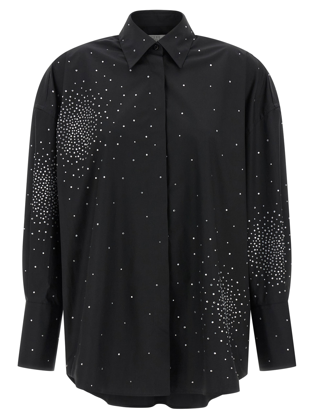 Indulge in the Giuseppe Di Morabito Black Cotton Blouse, a luxurious statement piece adorned with rhinestones, embodying timeless elegance and sophisticated allure.