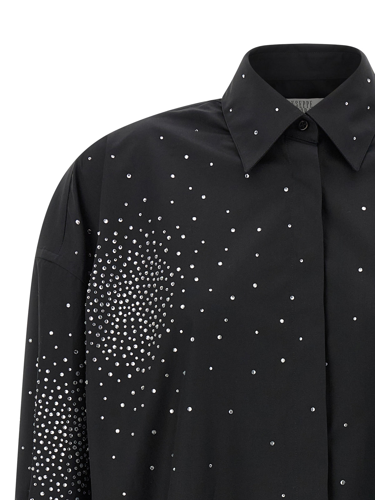 Indulge in the Giuseppe Di Morabito Black Cotton Blouse, a luxurious statement piece crafted from exquisite cotton, adorned with rhinestones for timeless elegance.