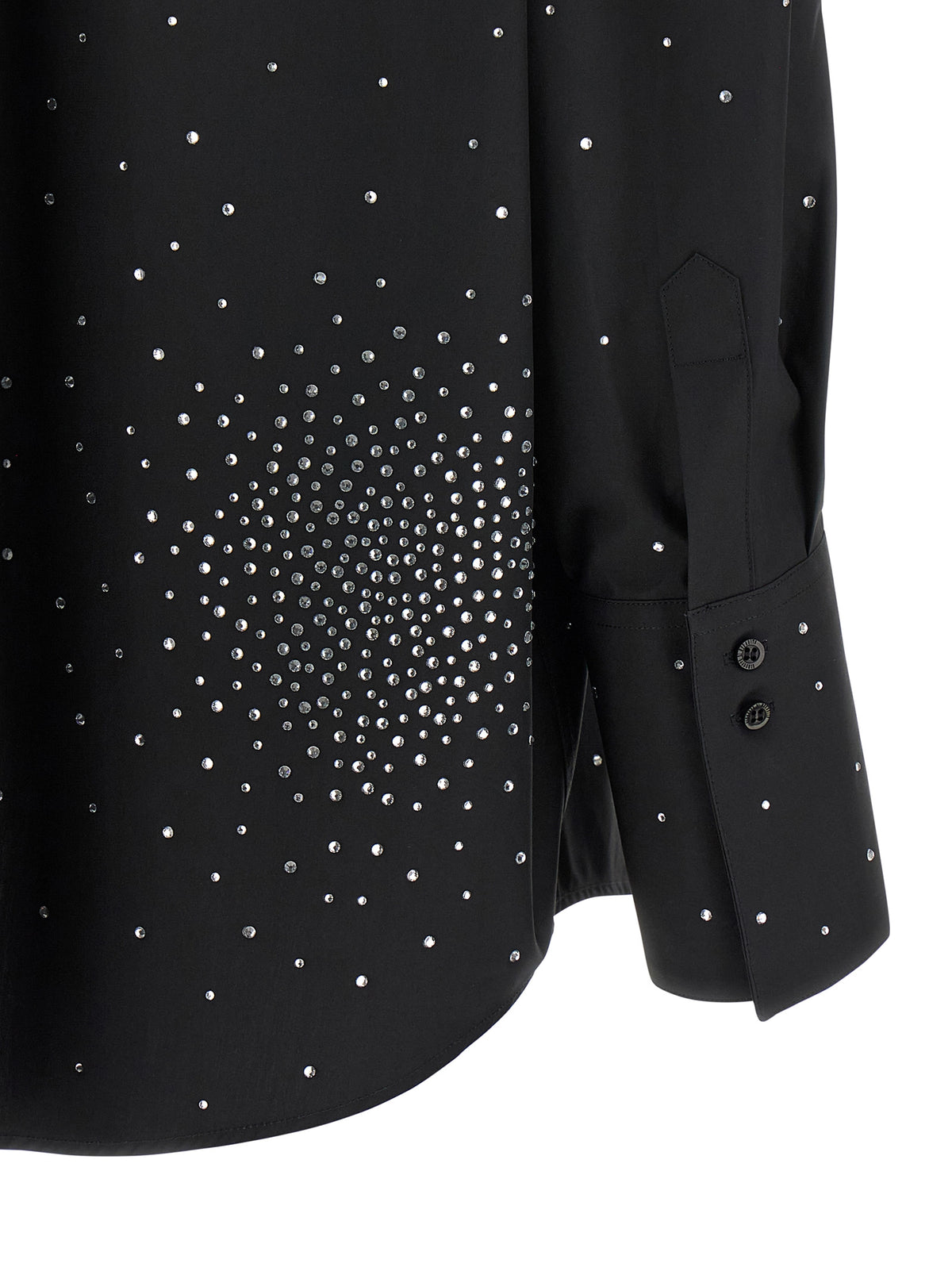 Elevate your style with the Giuseppe Di Morabito Black Cotton Blouse, a luxurious statement piece adorned with rhinestones, embodying timeless elegance and exquisite craftsmanship.