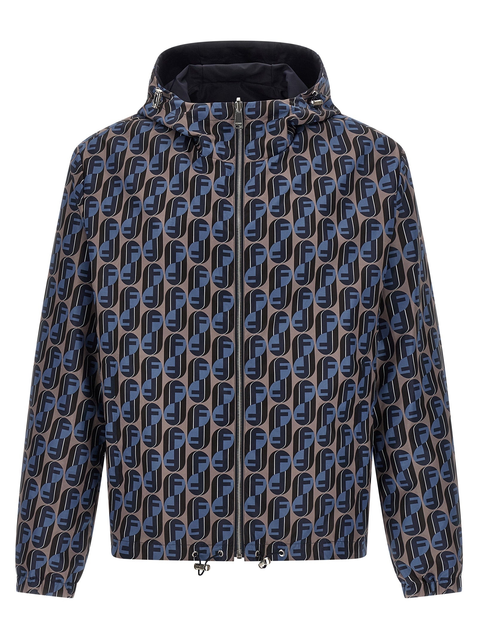 Indulge in the Fendi Blue Polyester Shell Jacket, a reversible masterpiece blending luxury and functionality, perfect for the discerning individual seeking elegance.