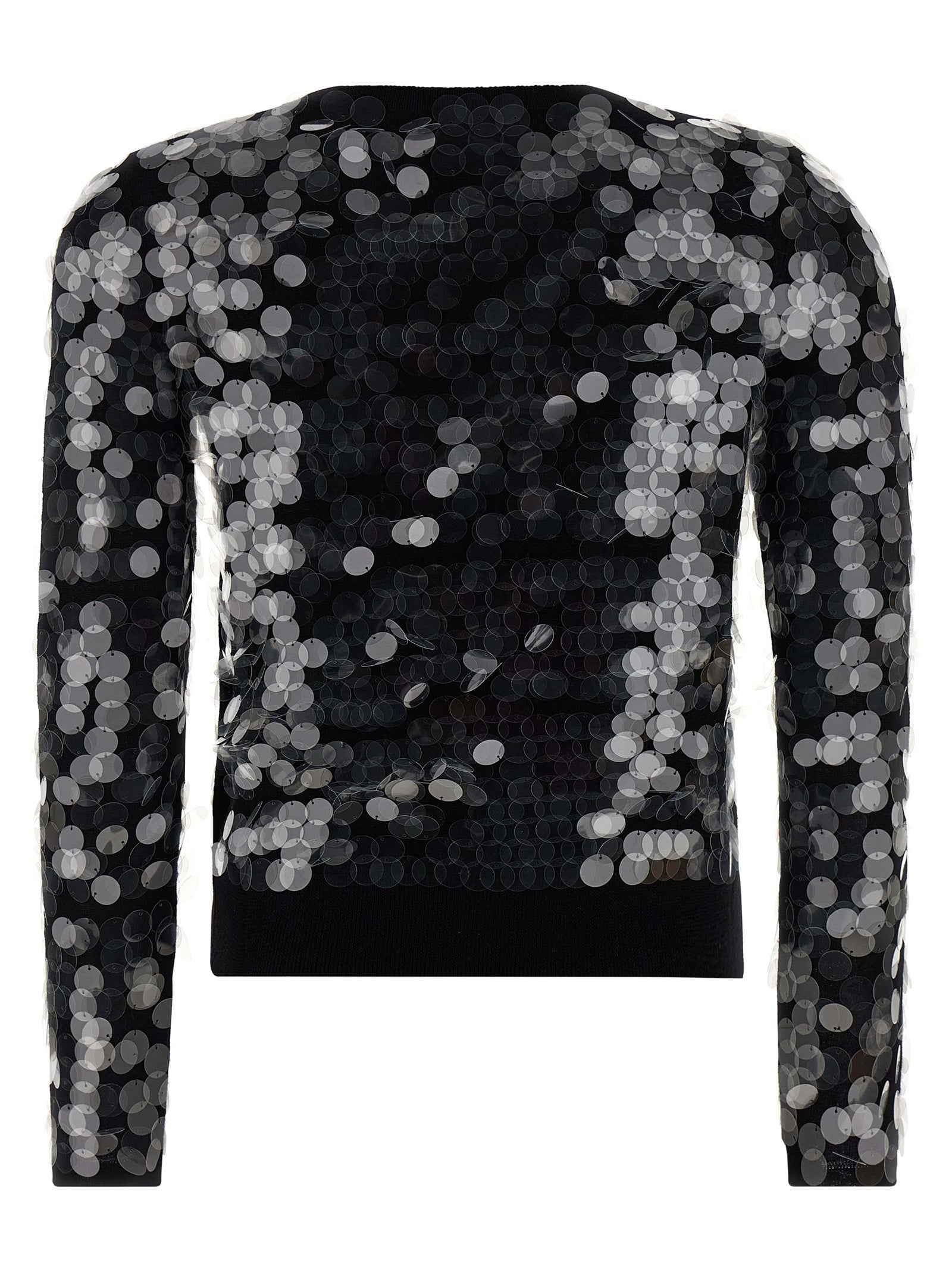 Indulge in the Max Mara Black Virgin Wool Cardigan, a masterpiece of artisanal elegance, adorned with macro sequins that elevate your style to luxurious heights.