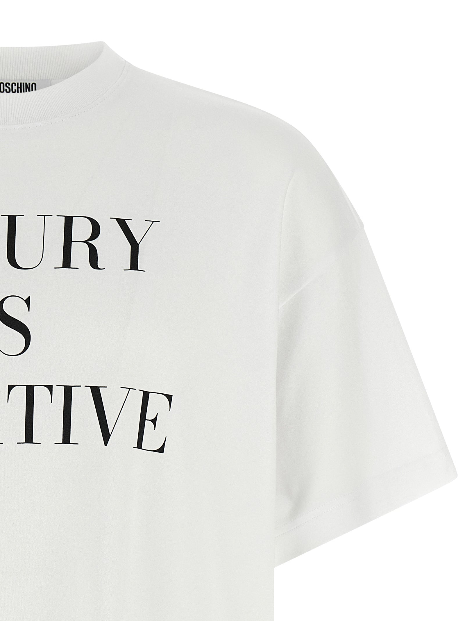Elevate your style with the Moschino White Cotton T-Shirt, a luxurious statement piece crafted in Portugal, embodying effortless elegance and individuality.