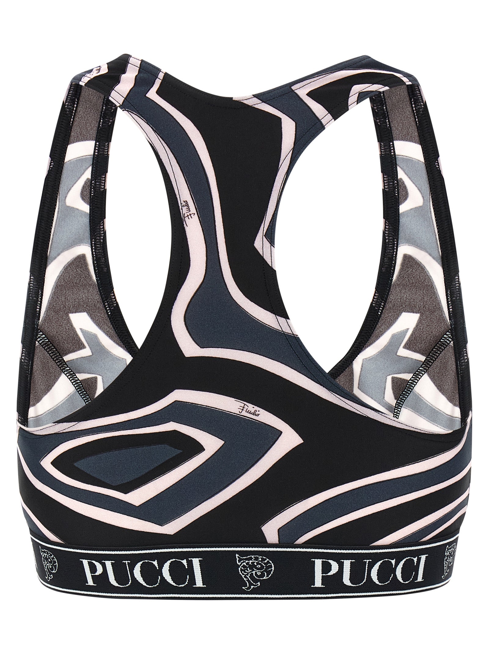 Indulge in the Emilio Pucci Black Polyamide Sport Bra, where exquisite craftsmanship meets bold design, elevating your activewear with luxurious comfort and unique artistry.