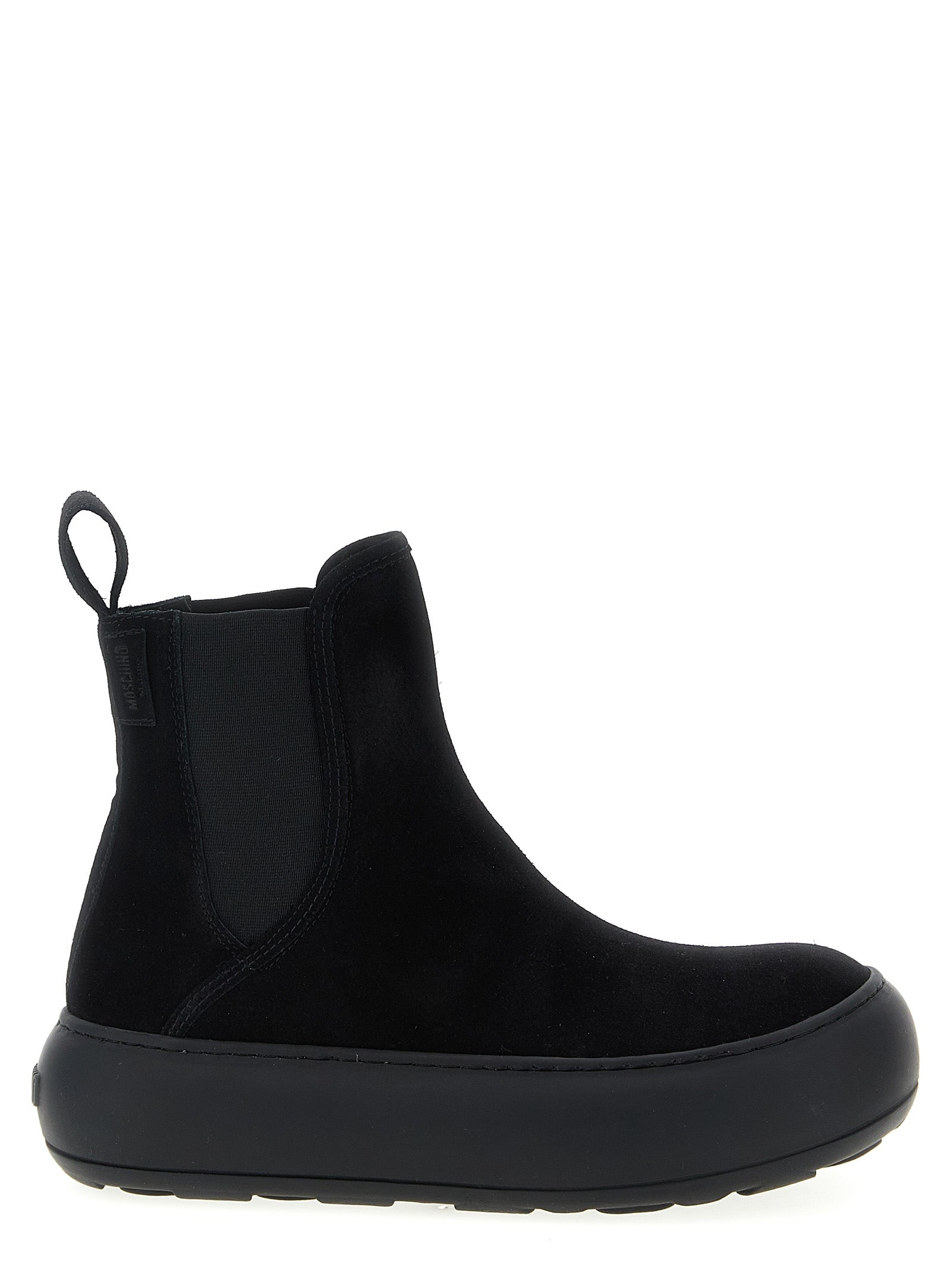 Step into the realm of luxury with Moschino Black Calfskin Chelsea Boots, crafted from premium leather for a timeless elegance that elevates every ensemble.