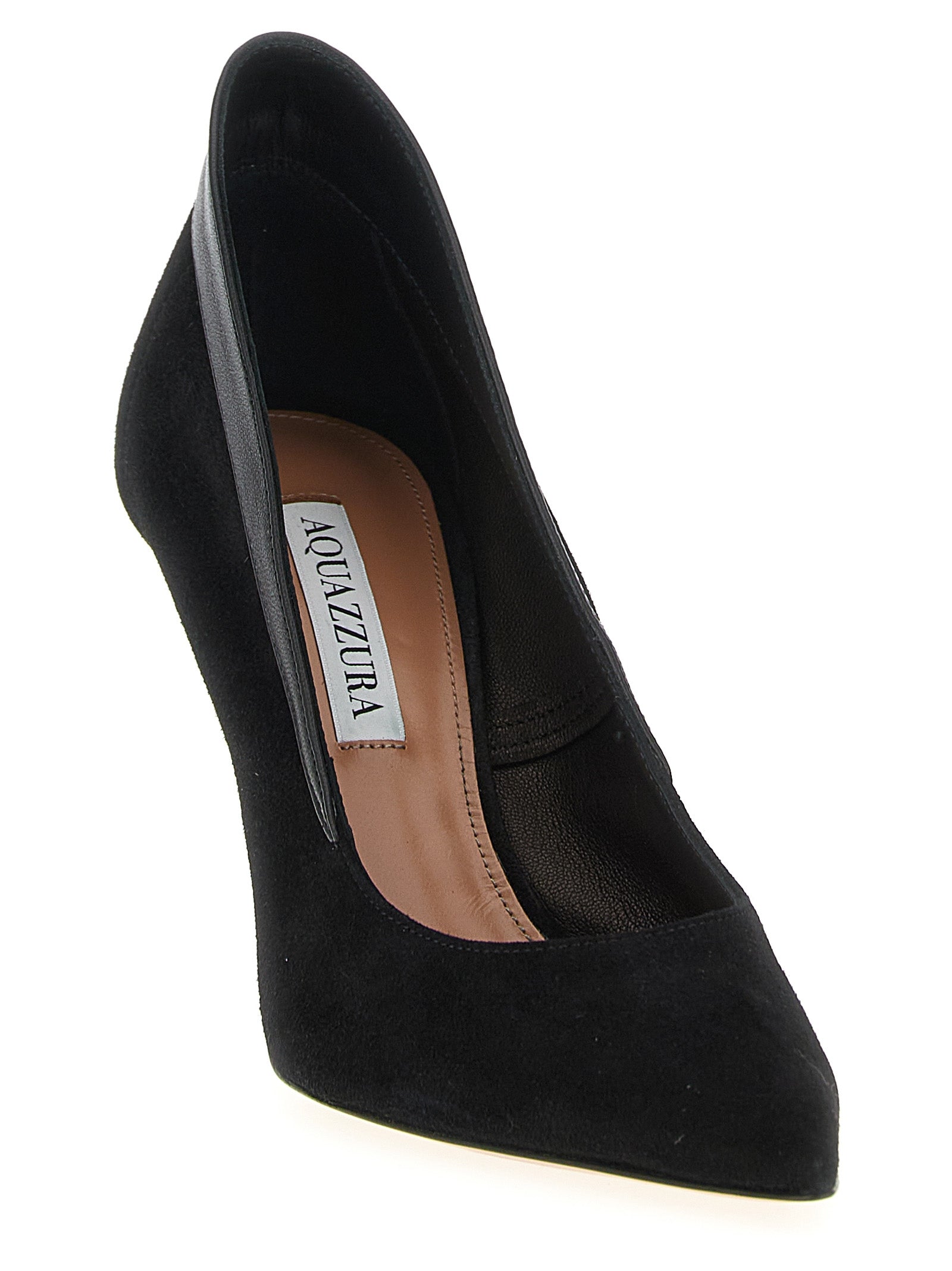 Experience the exquisite craftsmanship of Aquazzura's Black Goatskin High Heel Pumps, where luxe suede meets nappa leather for timeless elegance and unparalleled comfort.