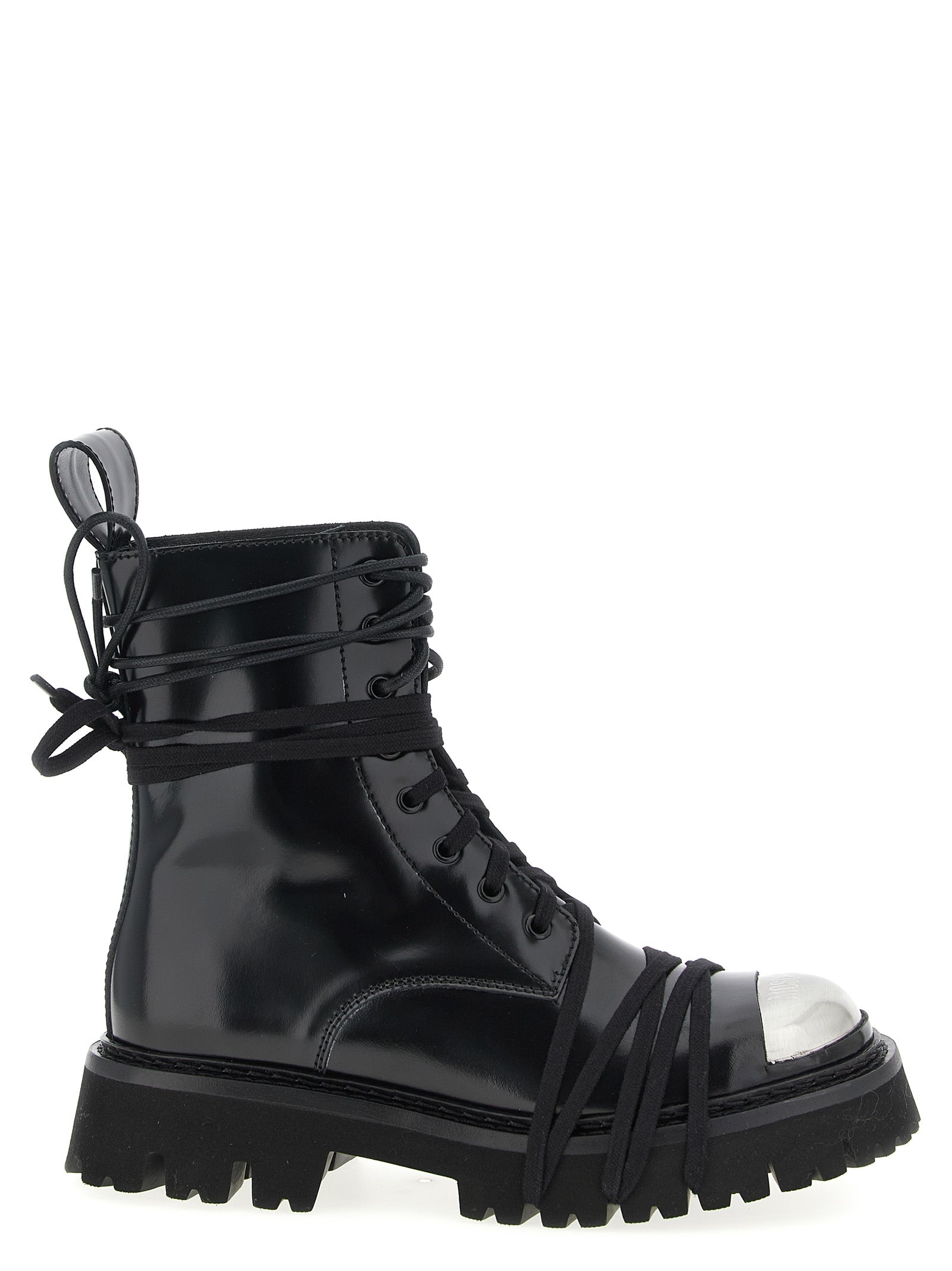 Elevate your style with Moschino's Black Calfskin Lace-Up Boots, crafted from sumptuous leather, embodying sophistication and timeless allure for the discerning fashionista.