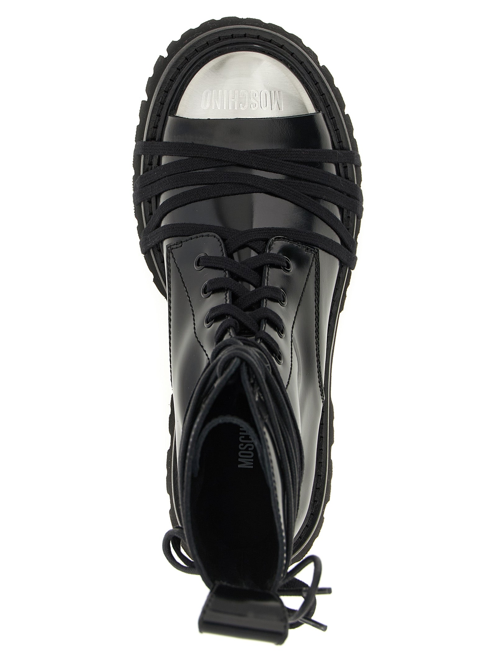 Step into the essence of haute couture with Moschino's Black Calfskin Lace-Up Boots, crafted from luxurious leather for an unparalleled blend of sophistication and bold allure.