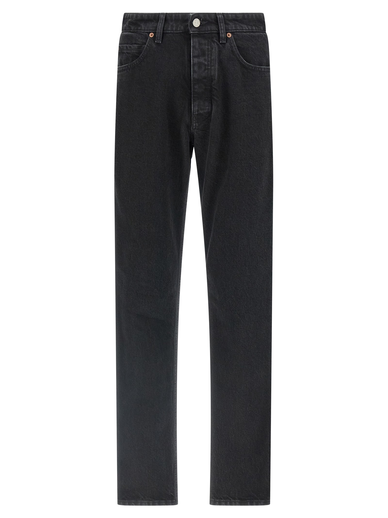 Indulge in the sophistication of MM6 Maison Margiela's Black Cotton Tapered Jeans, crafted from luxurious cotton for a timeless, elegant silhouette that transcends trends.