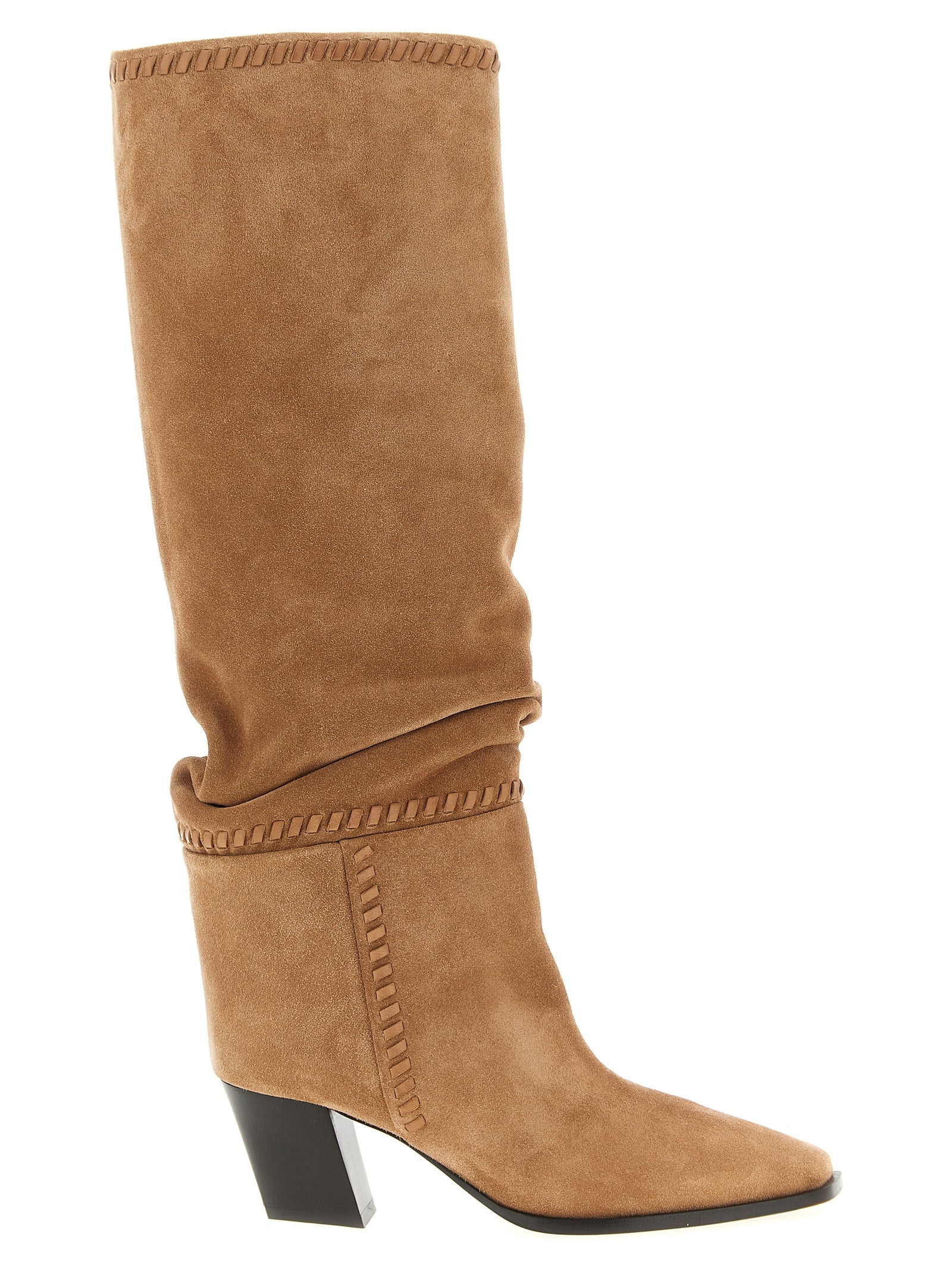 Step into sophistication with Jimmy Choo's Hart beige over-the-knee boots, where exquisite suede and sculptural design embody timeless luxury and elegance.