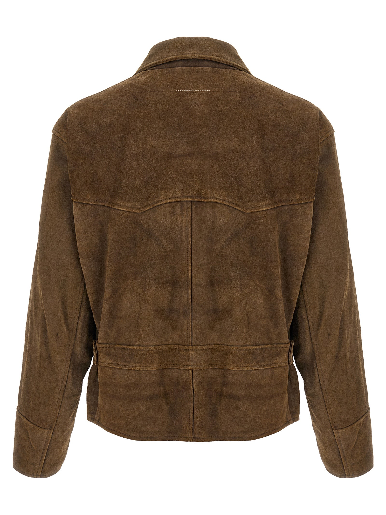 Indulge in the MM6 Maison Margiela Brown Calfskin Leather Jacket, where exquisite craftsmanship meets edgy sophistication, perfect for the discerning individual.