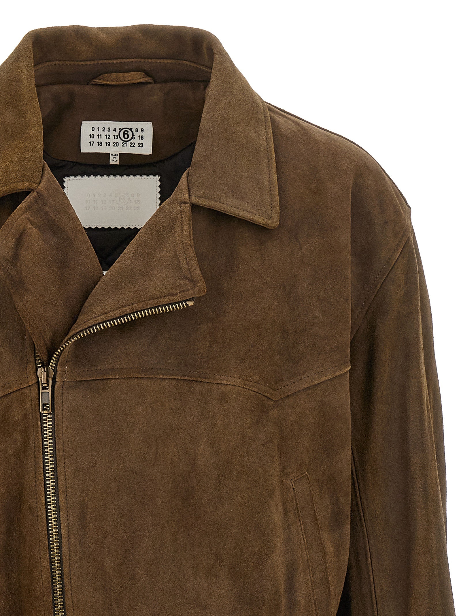 Discover the MM6 Maison Margiela Brown Calfskin Leather Jacket, a masterpiece of Italian craftsmanship that embodies edgy sophistication and timeless elegance.