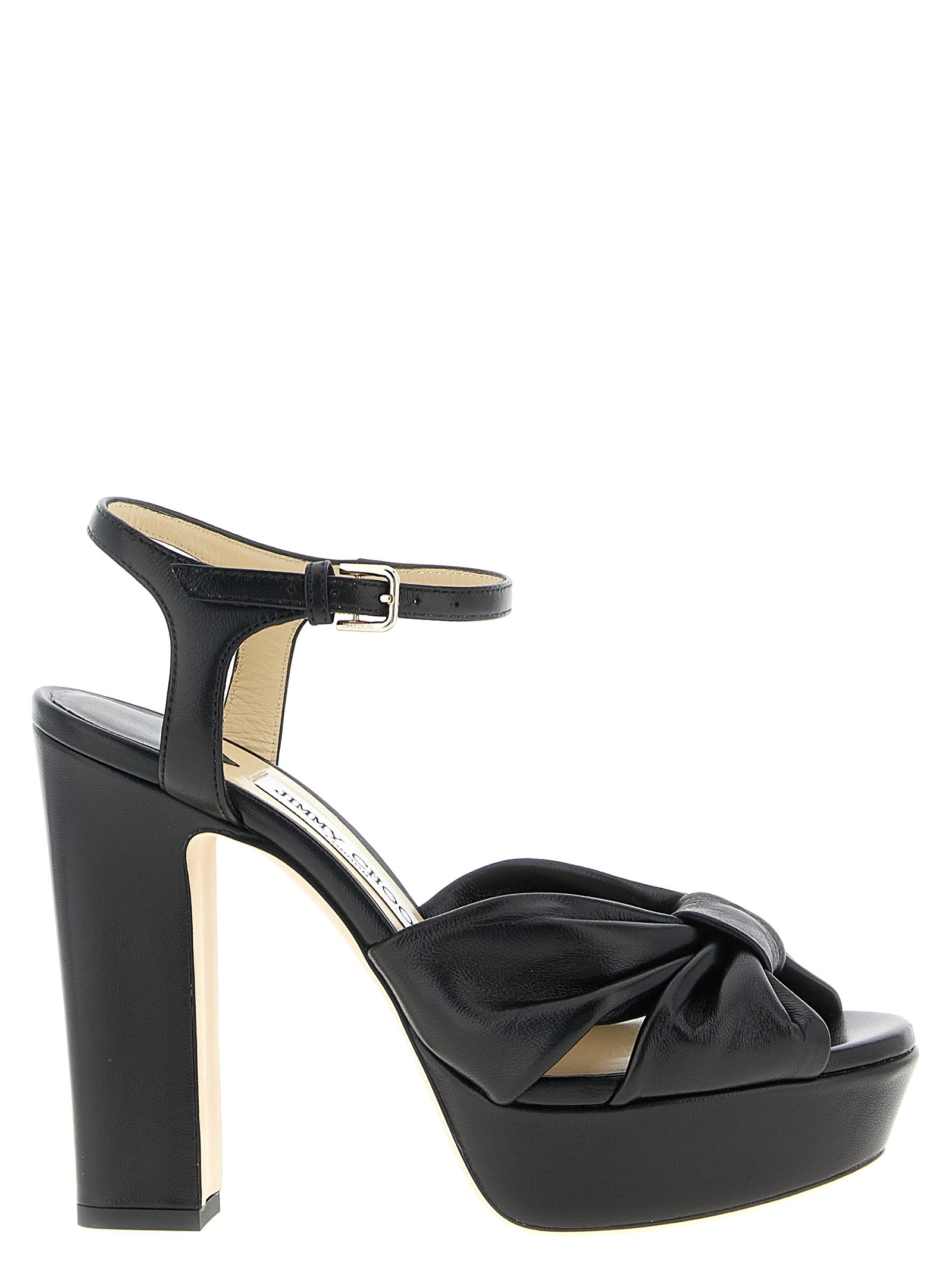 Experience the exquisite craftsmanship of Jimmy Choo's Heloise sandals, where luxurious leather and bold design elevate your style to new heights of sophistication.